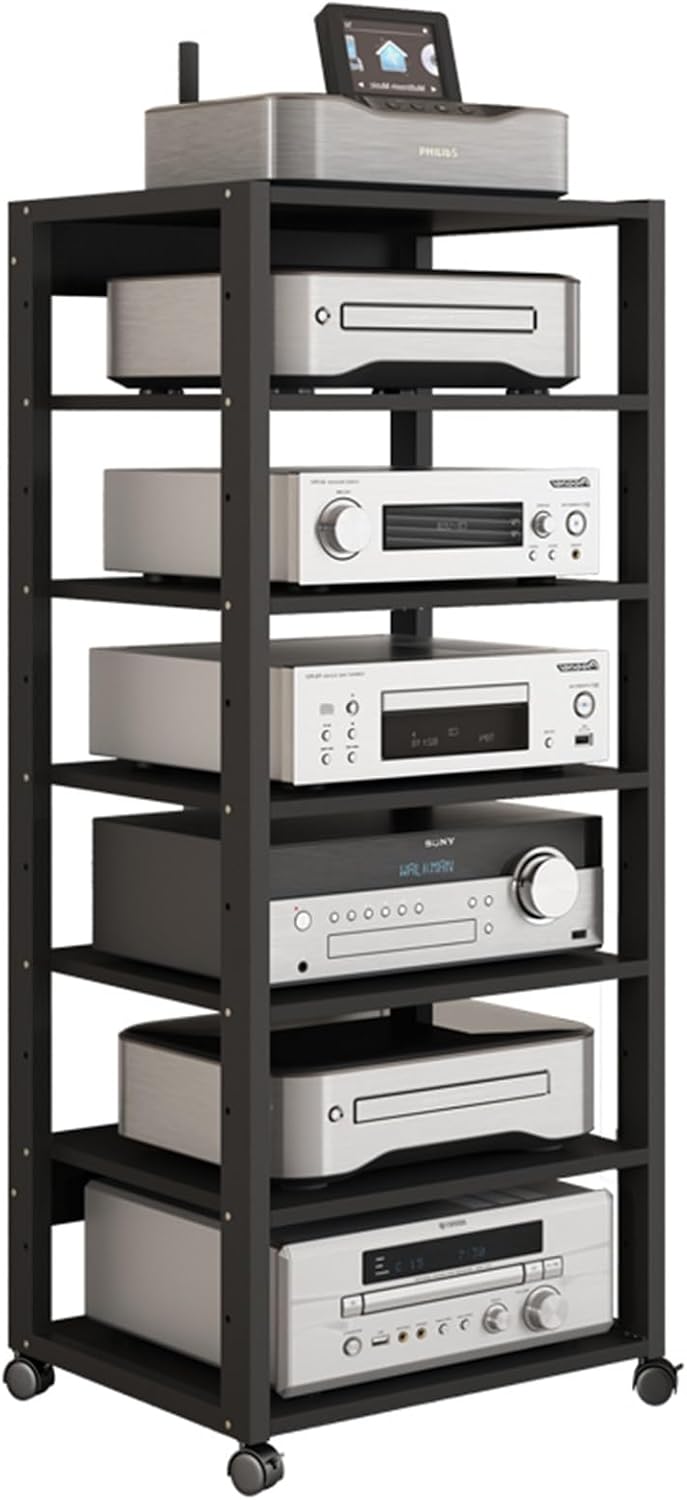 AV Media Stand 7 Tier Movable Audio Tower Home Theater Audio Stereo System Open Storage Shelf Amplifier Rack CD Player Stand Stereo Component Cabinet with Height Adjustable Wooden Shelves