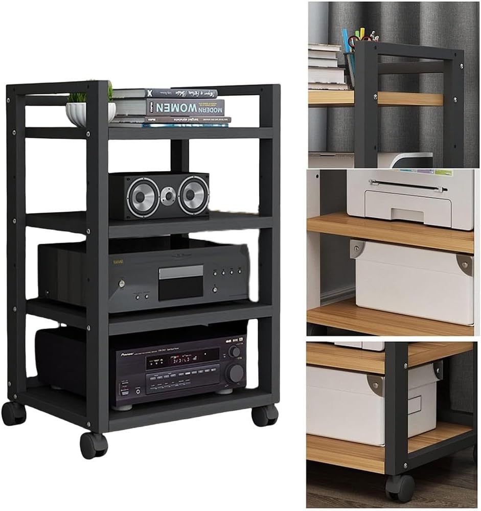 KGPGNYMYHA Home Stereo Cabinet 4 Tier Audio Video Stand Movable Stereo System Entertainment Component Cabinet Adjustable Wood Shelves Multi-Functional TV Cabinet(Black)