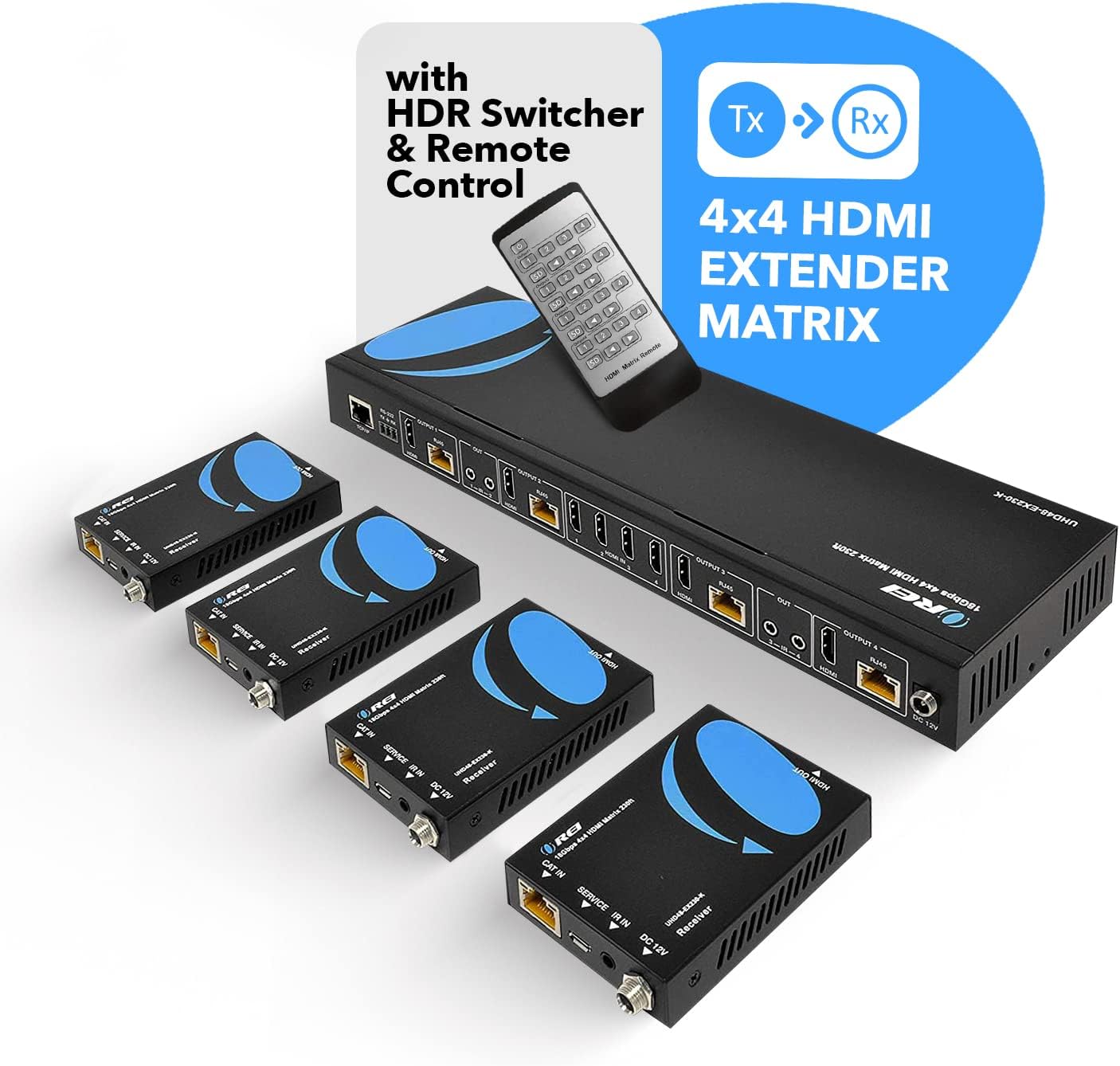 OREI 4K 4x4 HDMI Extender Matrix - UltraHD 4K @ 60Hz 4:4:4 Over Single CAT5e/6/7 Cable with HDR Switcher & IR Control