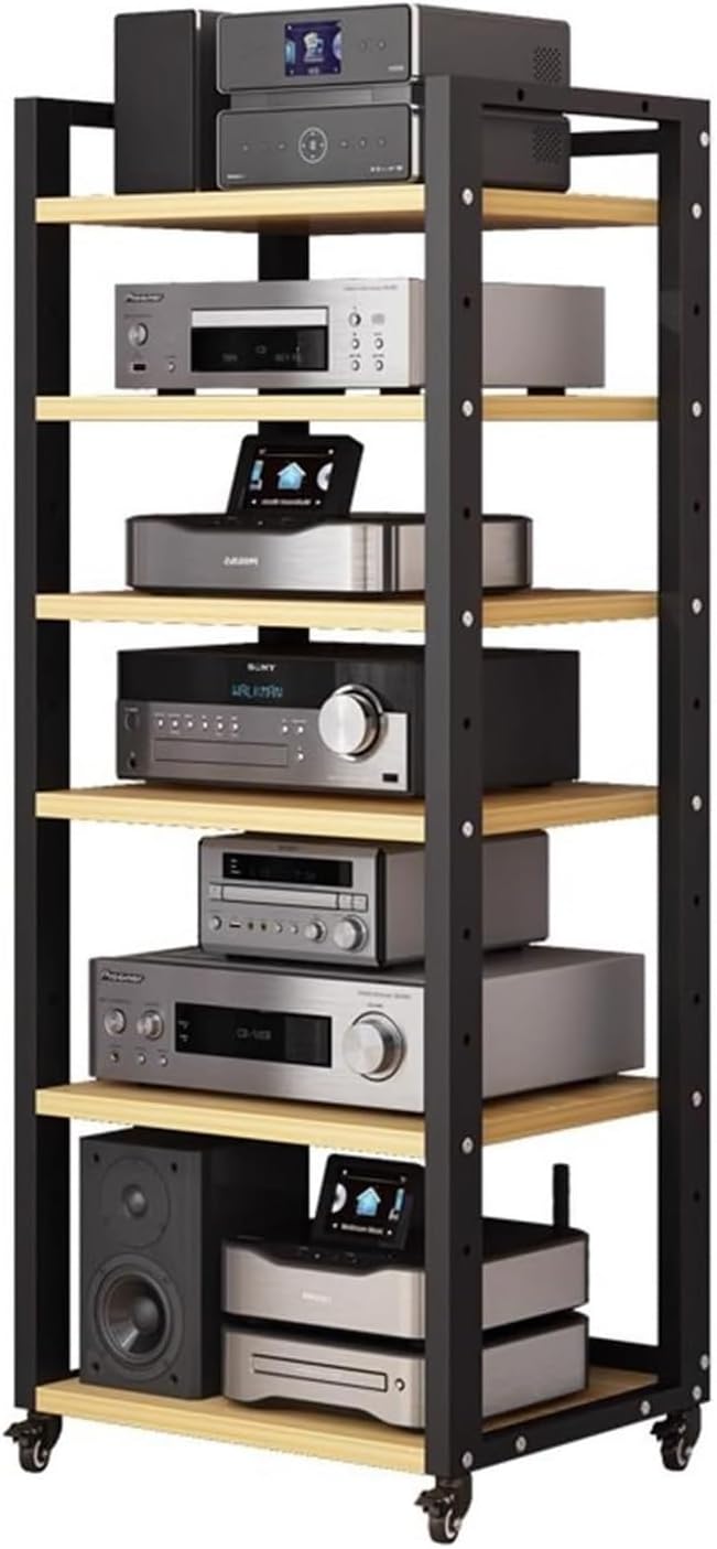 360 rotation AV Media Stand 55in Media Stand Height adjustable Modern AV Cabinet 6-Tier Sturdy Audio Rack Stand Tower with Wheels Audio-Video Shelving for Living Gaming Recording Room(Natural)