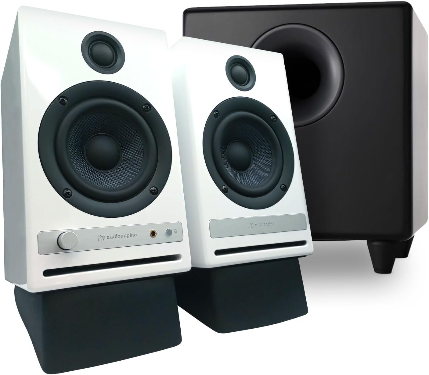 Audioengine HD4 White Wireless Bookshelf Speakers with S8 Black Subwoofer and DS2 Stands
