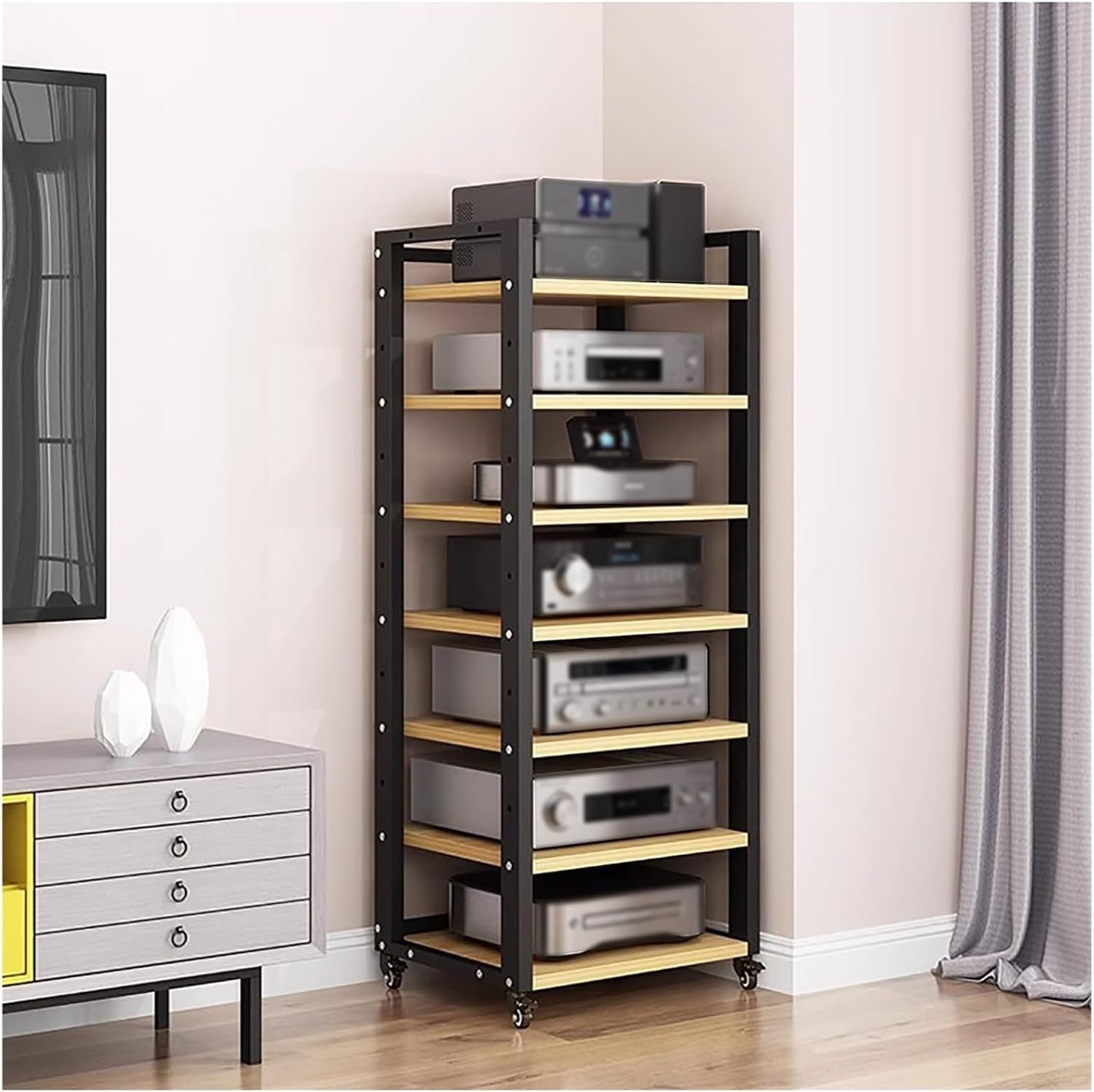 TAOTAOOPK 7 Tier 140cm Tall Stereo Stand Media Storage Cabinet with Adjustable Shelves/Wheel for Living Room(Beige)