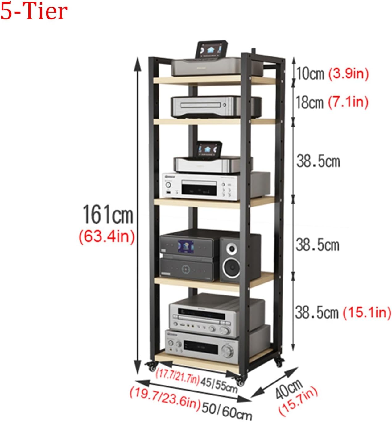 5 Tier Movable AV Media Stand Component Cabinet CD Player Stand Corner TV Stand Modern Stereo Rack Audio Tower with Height Adjustable Wooden Shelves for Home/Office/Theater (Color : C