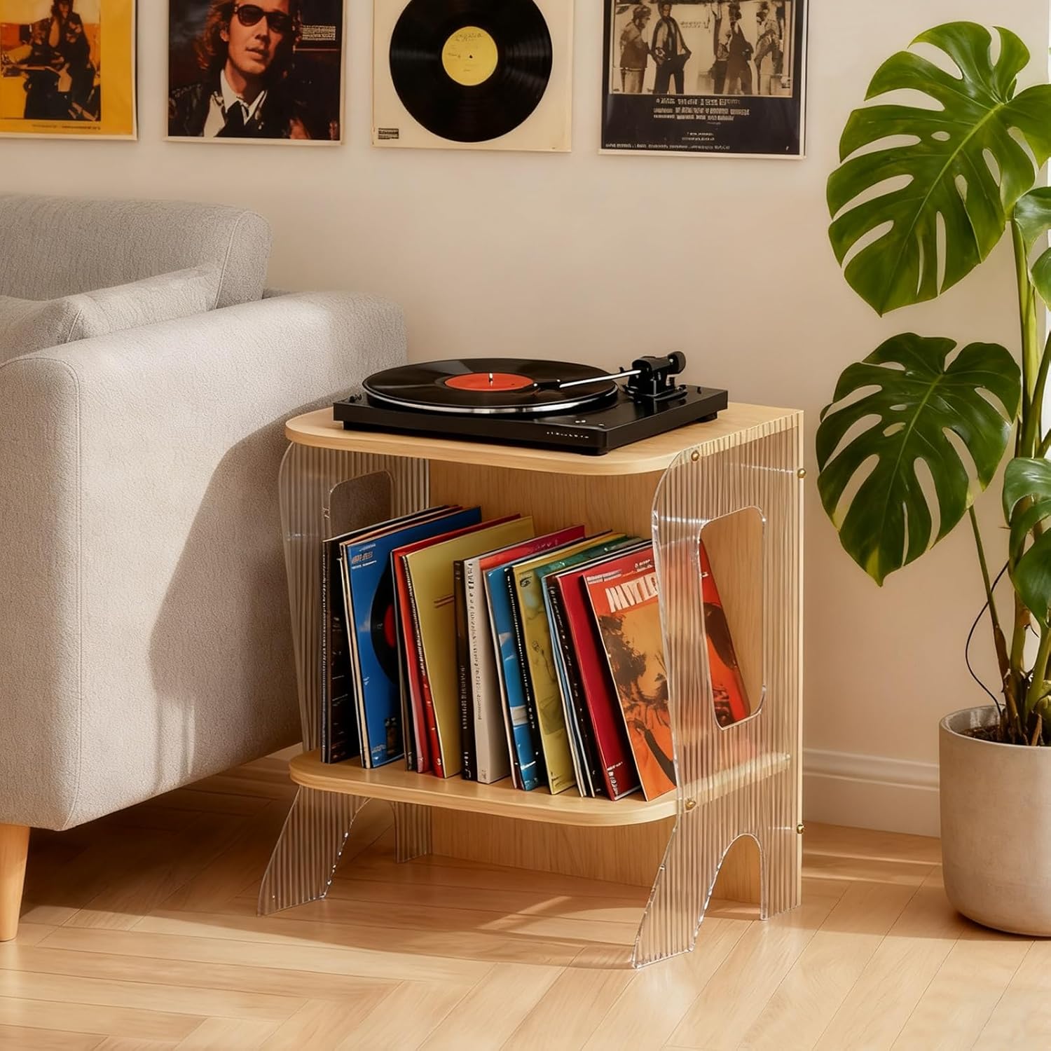 MAAOBR Record Player Stand Wood Acrylic CD Holder Desk Rack with Storage up to 40 Albums