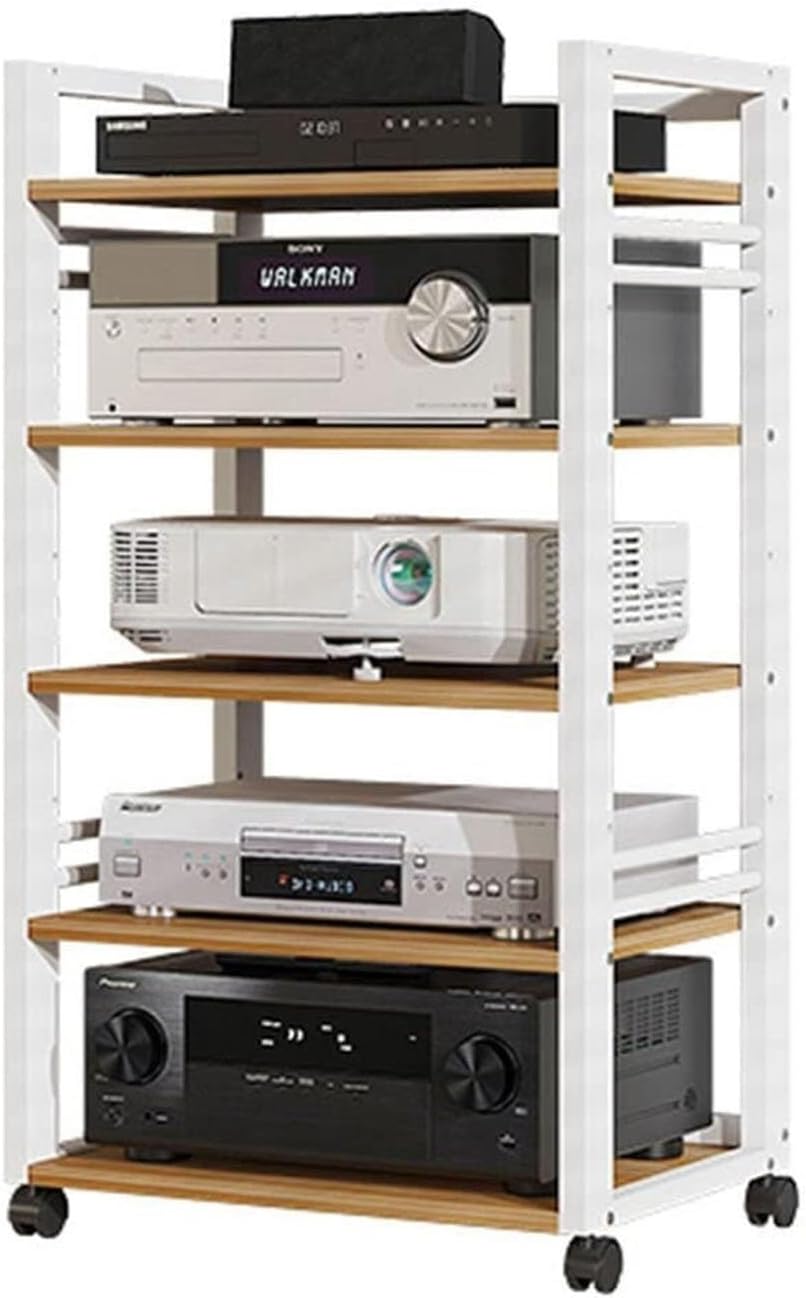 Media Stand Audio Stand Media Player Stand with 5 Shelves Open Storage Rack with Height Adjustable Wooden Shelf for Home/Office/Audio Video/DJ/Theater