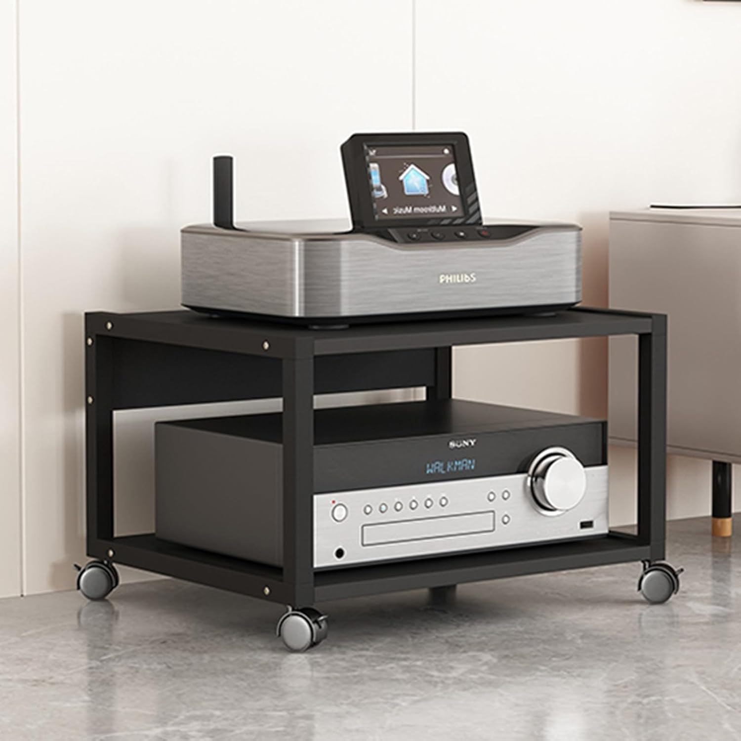 RENLXFI 2-Tier Media Shelf Tower DVD Rack Storage Cd Organizer Stand Display Holder