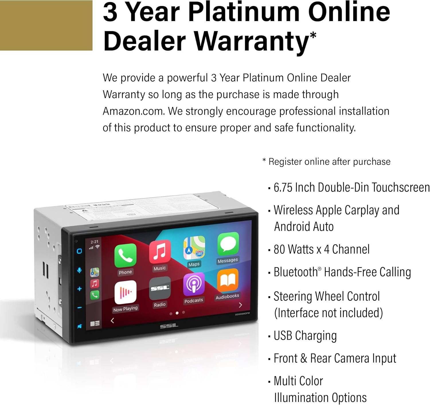 Sound Storm Laboratories DD999ACPW Wireless Apple CarPlay Android Auto Car Multimedia Player - Double-Din