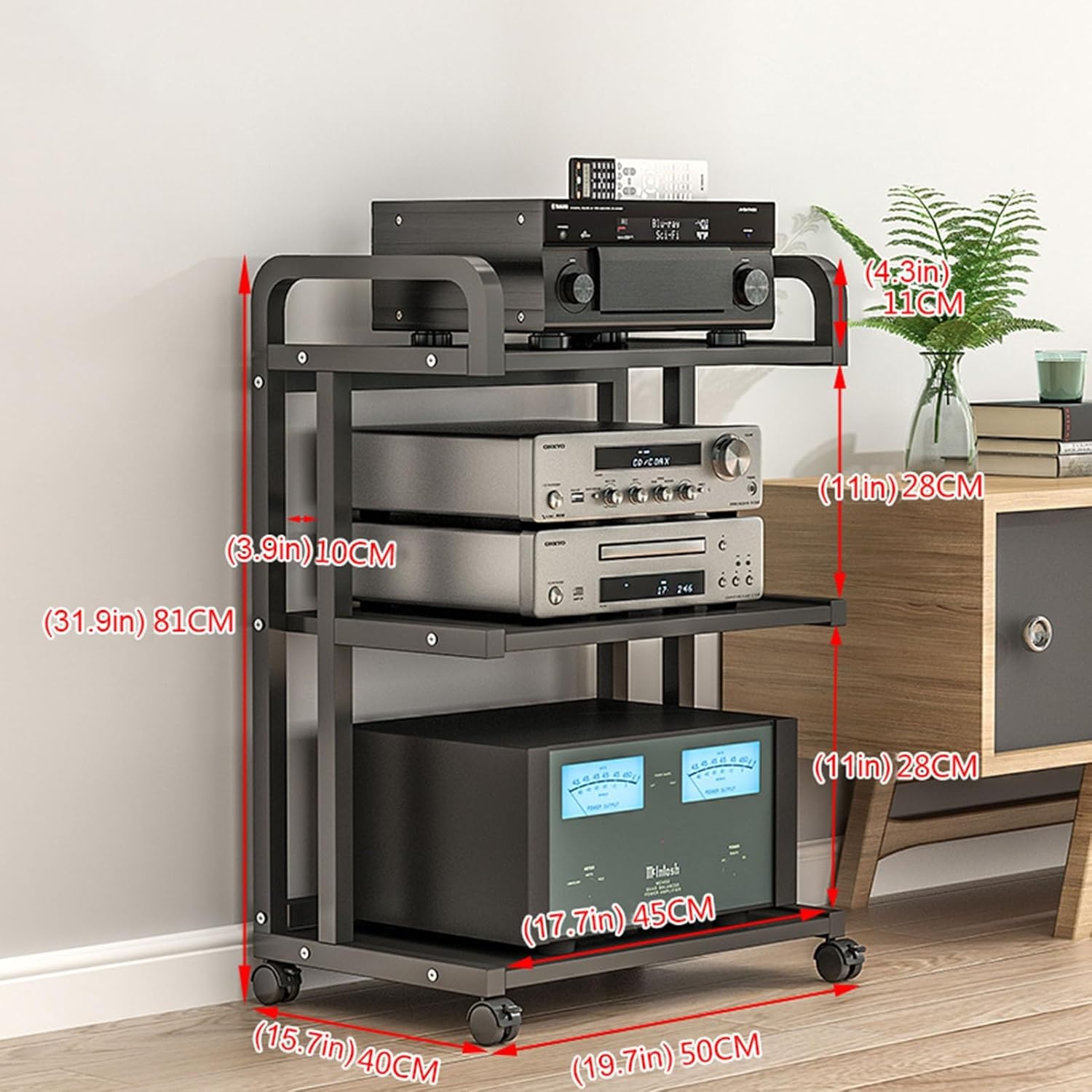 UYCVT Movable Media Stand 3 Tier Movable Av Media Stand Power Amplifier Rack Stereo Component Storage Cabinet Corner Audio Tower-A