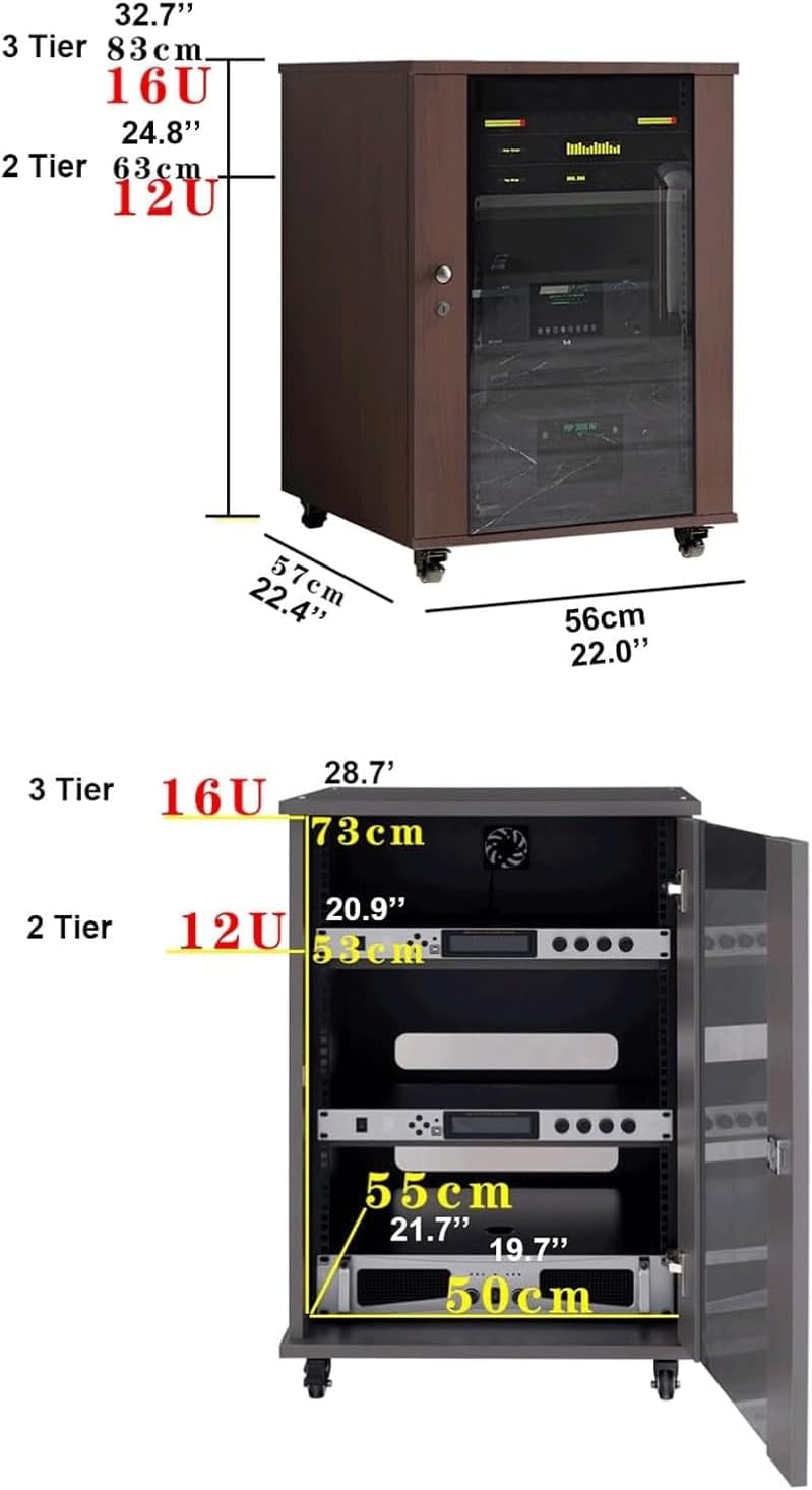 PZEOB Stereo Stands AV Media Cabinet with Adjustable Shelves and Storage Audio Rack with Glass Door and Wheels Media Storage Cabinet(Walnut