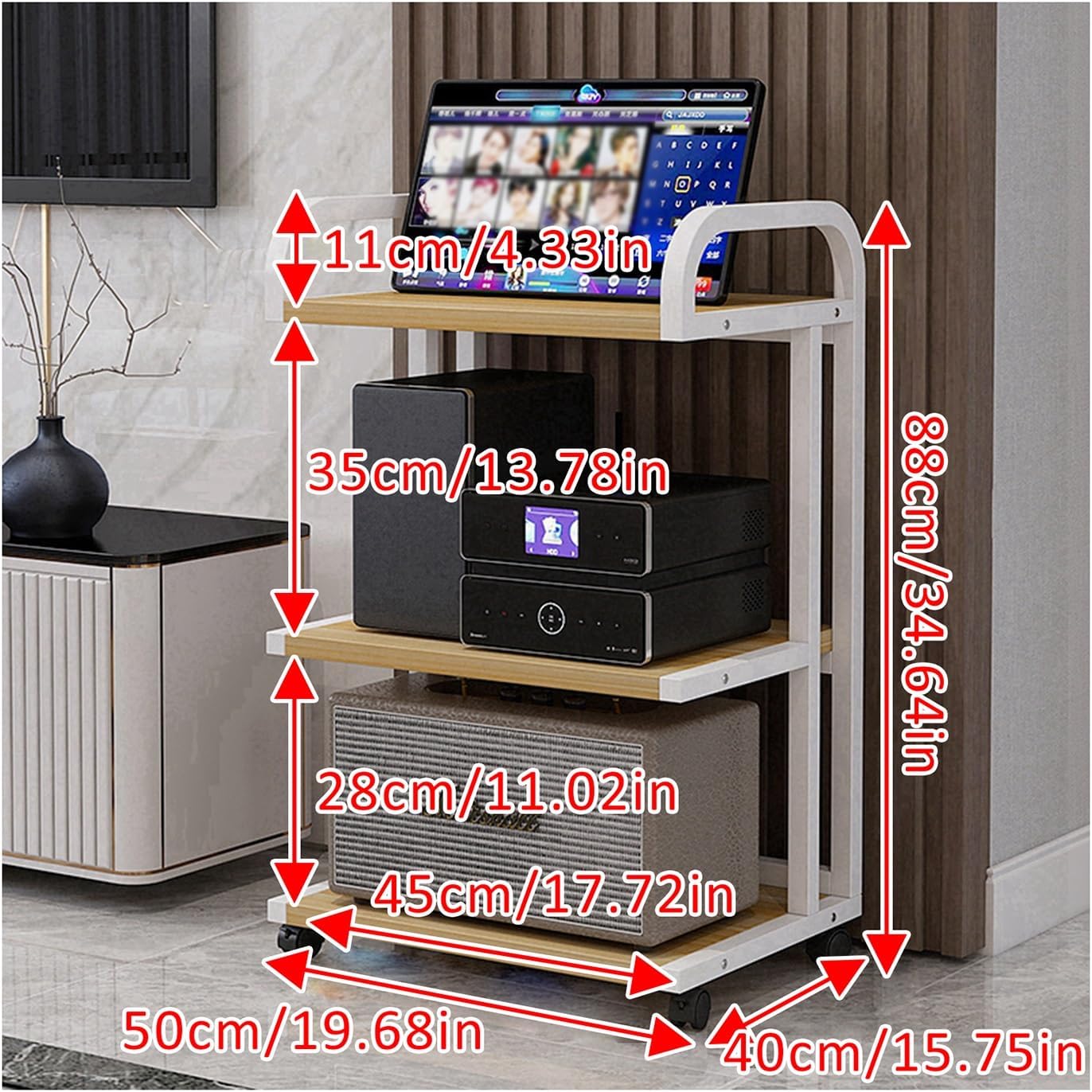 Media Stand Modern with Wheels Audio-Video Media Stand Floor-Standing Audio Rack with Storage Shelves Stereo Audio Rack Stand Tower Easy to Assemble for Living Gaming Recording Room.(White
