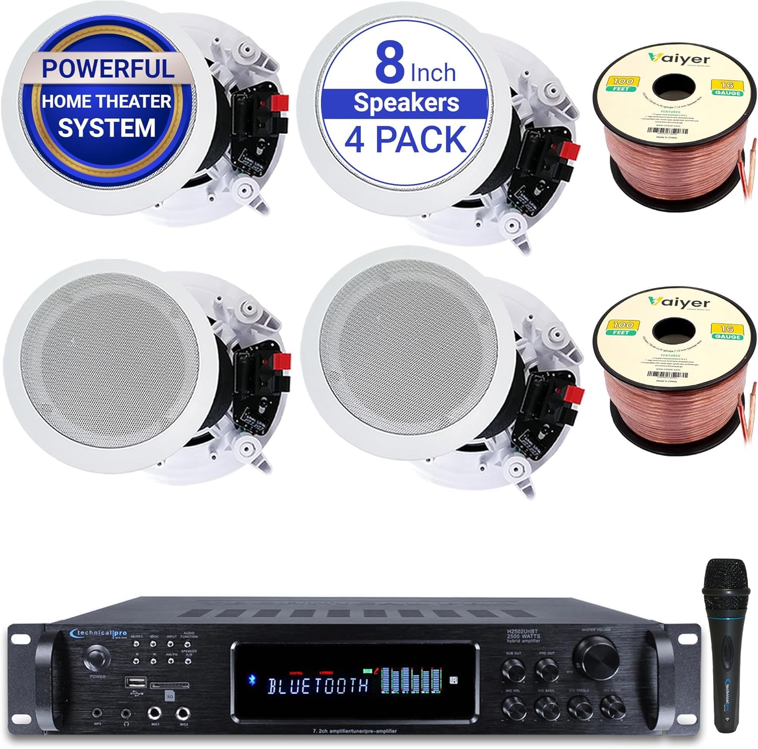 Home Stereo System Kit 7.2 Channel 2500 W Bluetooth Amplifier w/ 4 Qty of 8 Framed Ceiling Speakers 300 W Each