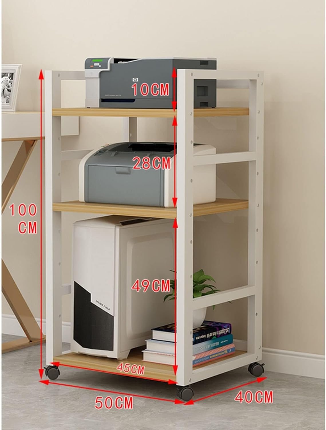 YLQFGUVWK 3 Tier AV Media Cabinet Stand Assembly Cabinet Storage Rack Home Storage Book Shelf Floor Stand Open Storage Cart with Wheels Office Printer Stand (Color : White