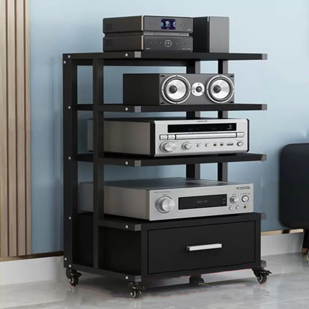 NILZA Audio Rack Media Cabinet 3/4/5-tier Stereo Stand Wooden Stereo Cabinet AV Rack with Drawer Audio/Video/Media Stand Corner Shelf Stereo Components Cabinet(Black