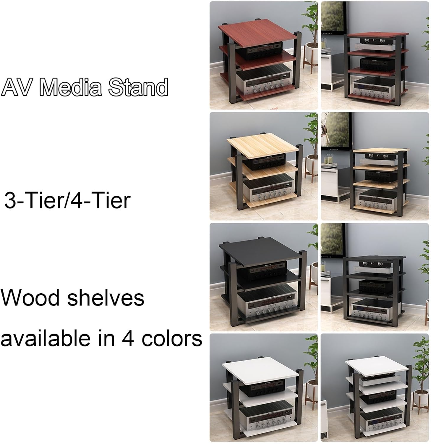 DLYZAYE 3/4-Tier Media Stand Modern AV Component Cabinet CD Player Stand Corner Audio Rack Tower Wooden Stereo Equipment Storage Cabinet for Home/Office/Theater