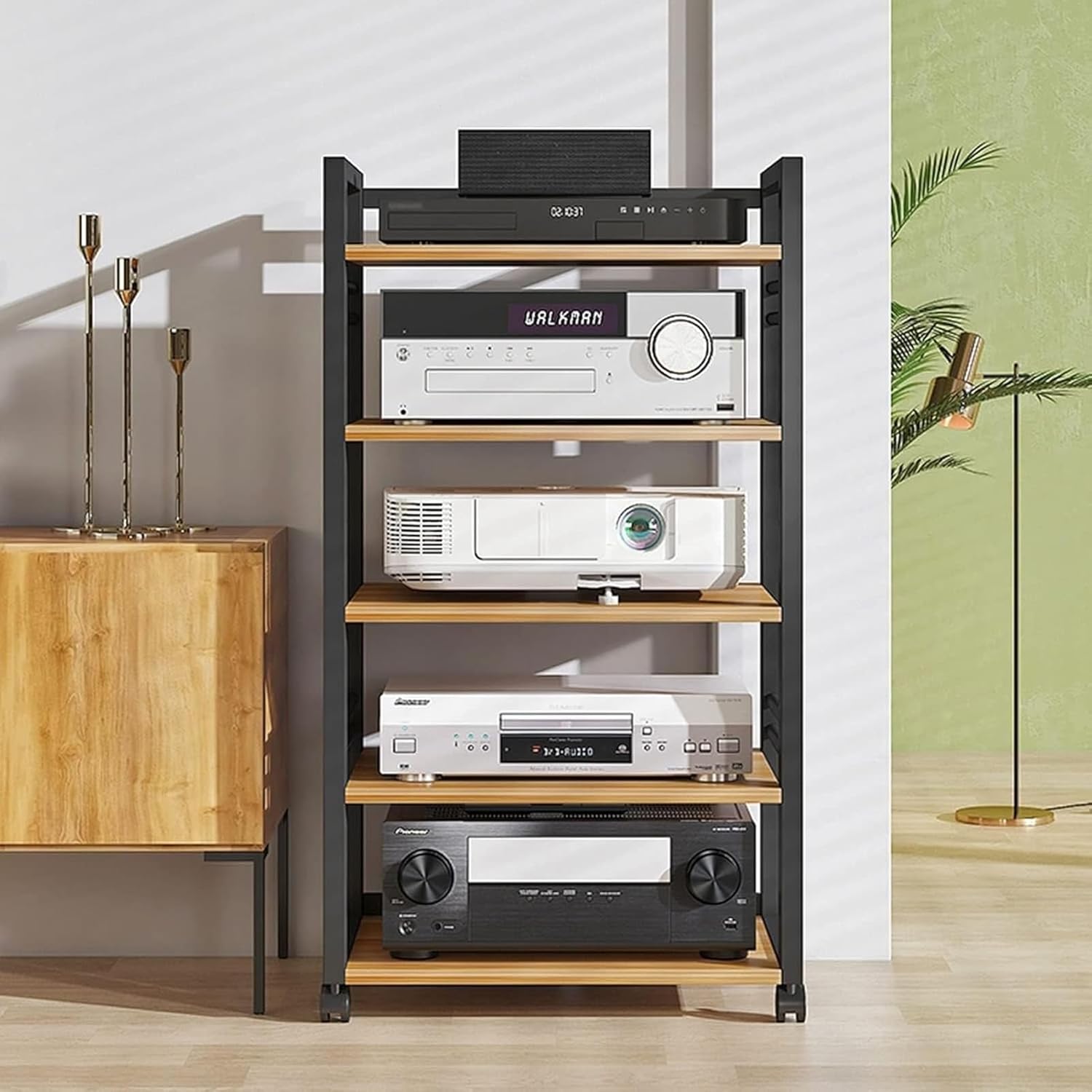 Audio-Video Media Stand with 5 Height-Adjustable Wooden Shelf