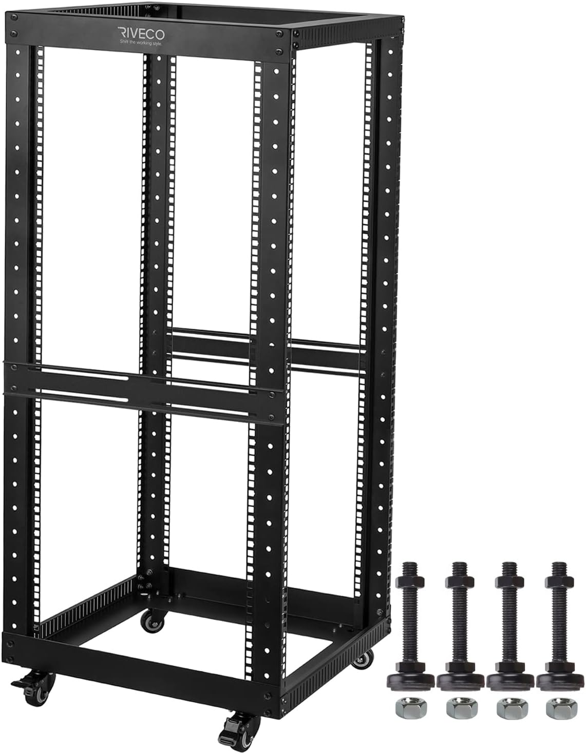 RIVECO 25U Open Frame Server Rack with Wheels- Heavy Duty 4 Post Quick Assembly 19-inch Support 600 LBS Equipment Thick Cold Rolled Steel Cabinet Black