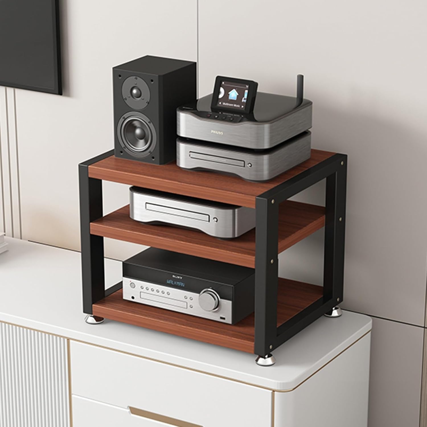 UYCVT Multi Function Stereo Cabinet for Home/Office/Theater 3 Tier Media Stand Open Audio Rack Component Cabinet-Teak-3 tiers-w45cm/17.7