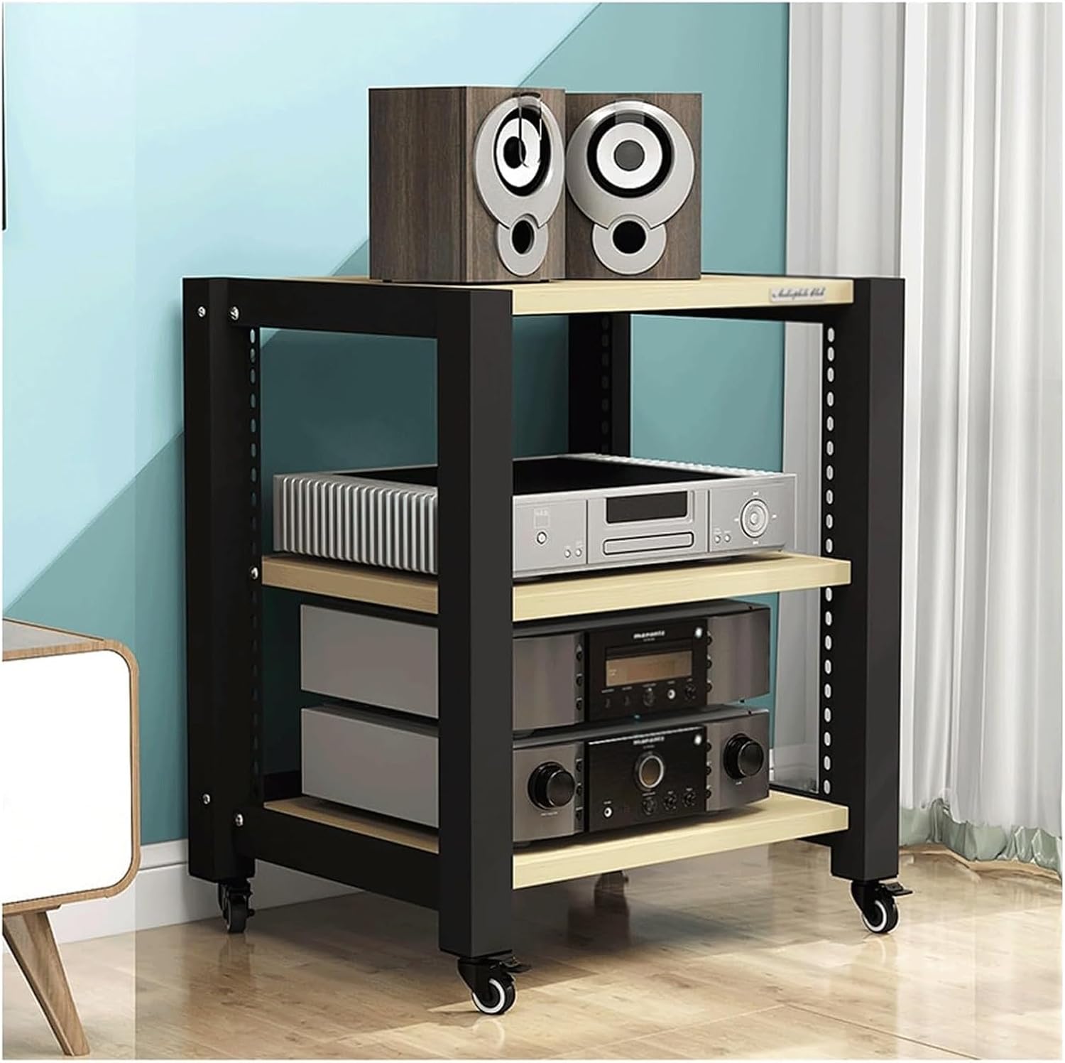 PZEOB Audio Rack AV Media Stand Wooden Audio Rack Tower Stereo Cabinet with Wheels Stand Adjustable Media Storage Shelves Stereo Rack(Natural