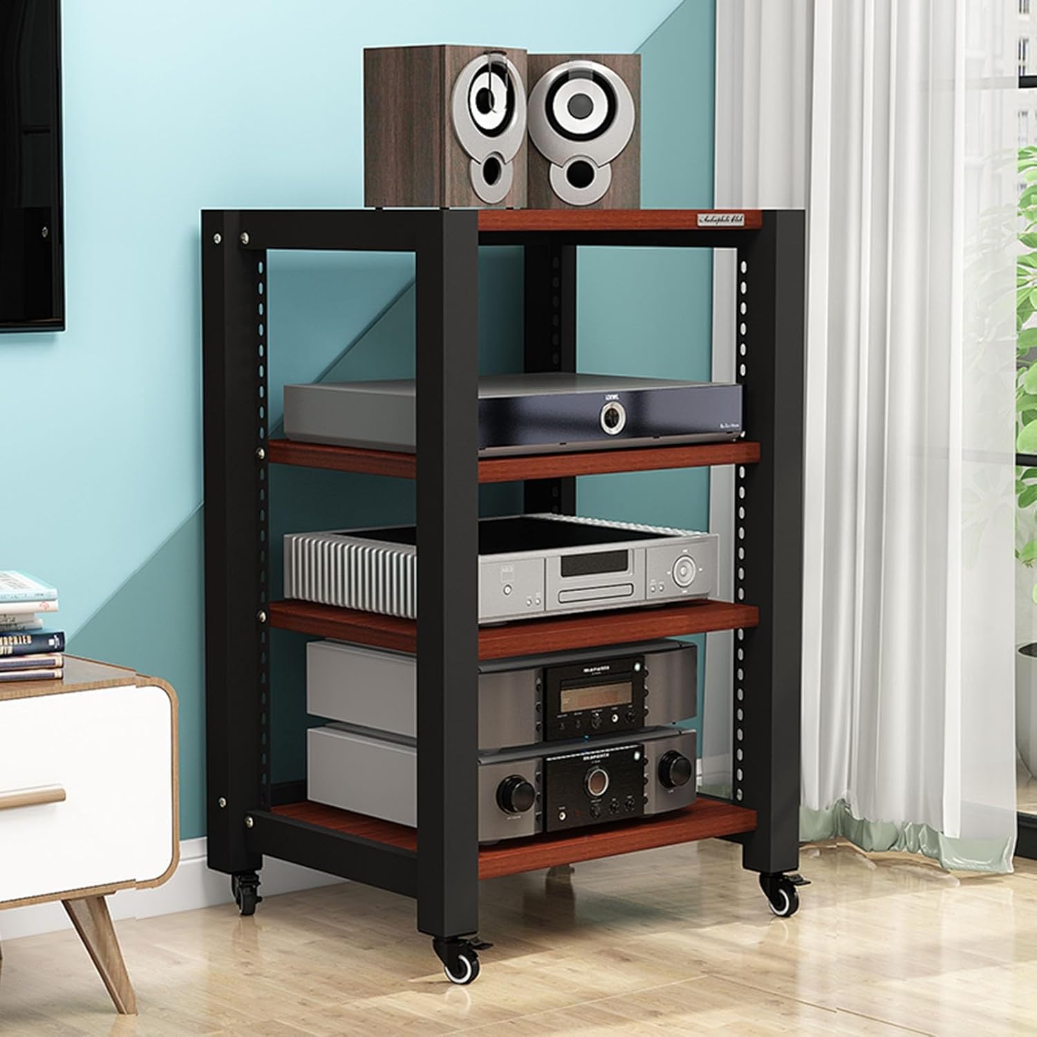 Media Stand 2/3/4/5-Tier Movable AV Media Stand CD Player Stand Audio Tower Hi-Fi Rack Stereo Component Cabinet with Height Adjustable Wooden Shelf for Home/Office/Theater