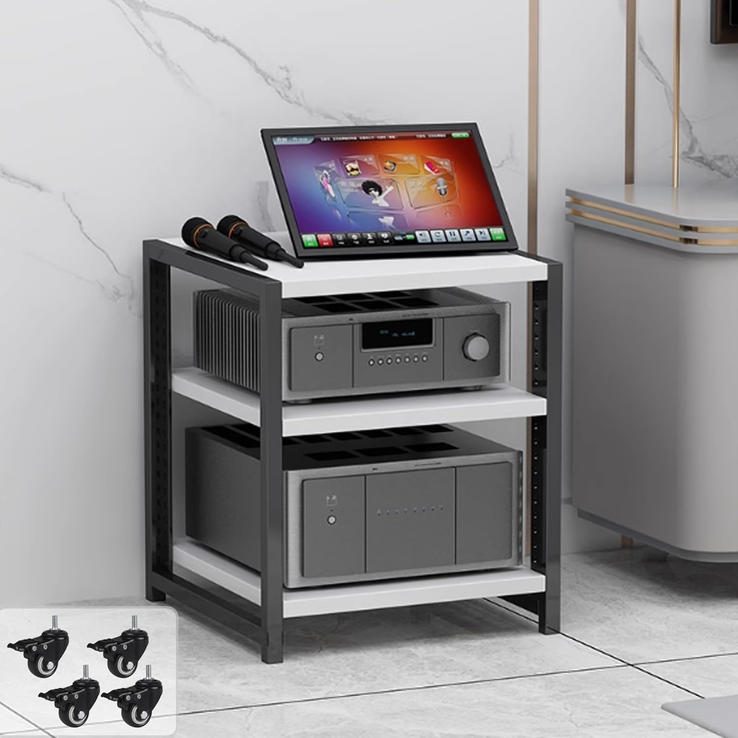 3/4/5/6-Tier AV Media Stand with Wheel Audio-video shelving Audio Rack Video Game Console Shelf Stereo Rack Audio Tower Adjustable Shelves Corner Shelf Av Stand for Recording Room(White