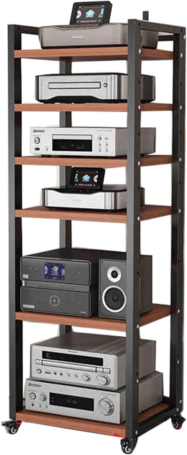 YLQFGUVWK Media Storage Cabinet Record Player Stand 6 Layer Wooden Shelves for Av Amplifier/Turntable/skybox/Printer Height Adjustable Load Capacity 50KG(Teak Color