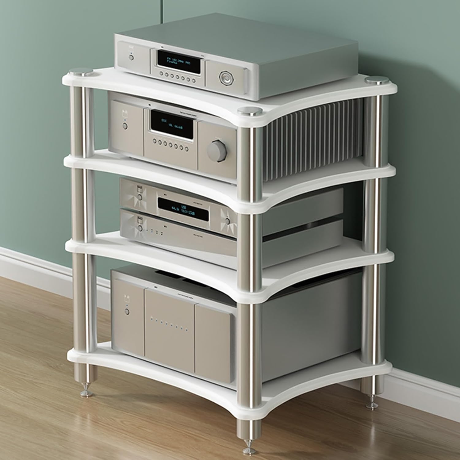 Audio Rack Av Tower Media Stand Movable 3-Tier Home Stereo Display Record Player Stereo Receiver Tall Heavy Duty Audio-Video Media Stand with Adjustable Shelf for Theater Sound Studio(Light white