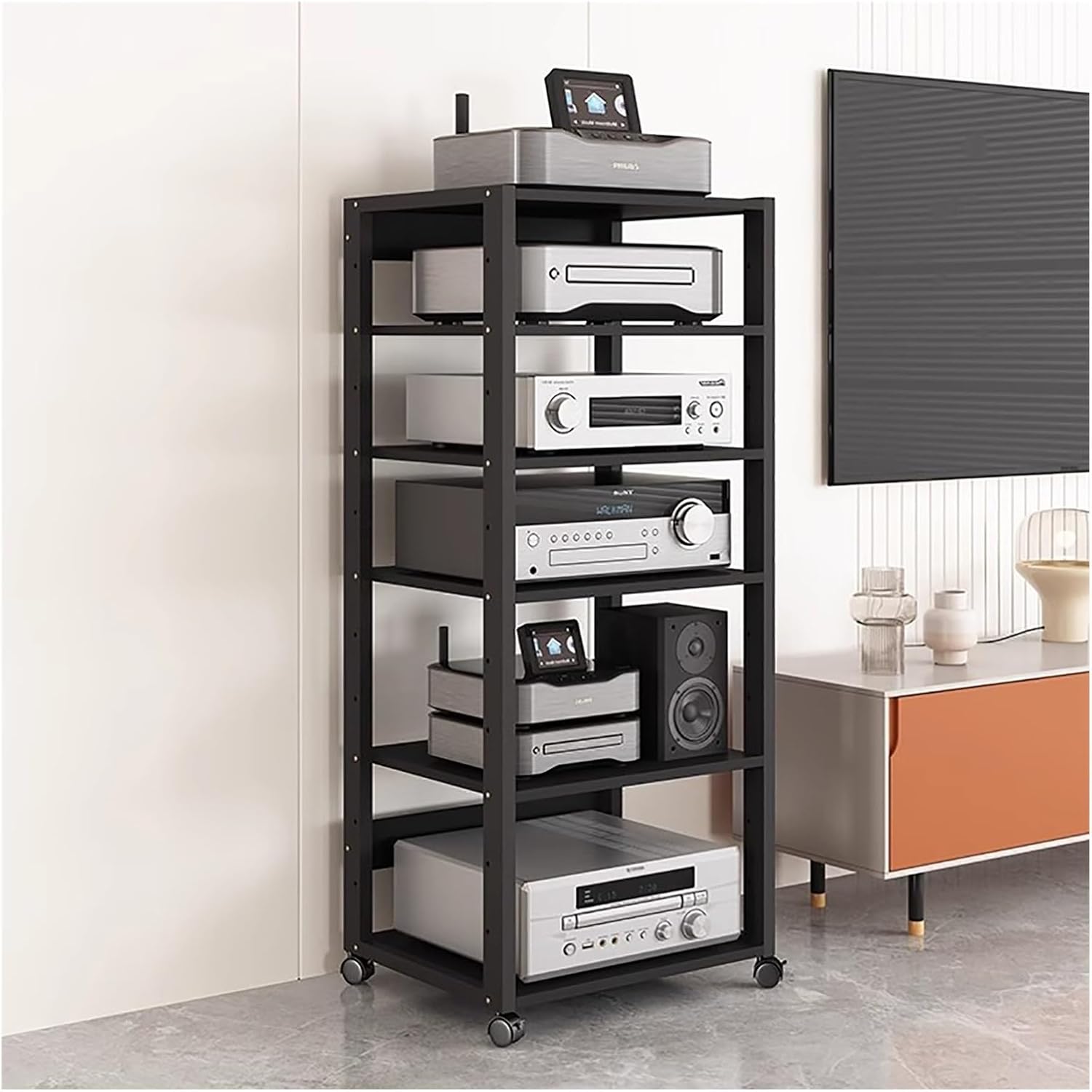 UYCVT Heavy Duty Rolling Av Stand with Wheels 7-Tier Stereo Rack Audio-Video Media Cabinet Floorstanding Shelf for Electronics Home Theater Cart & Storage Solution -6 Tier-131cm(51.6in)