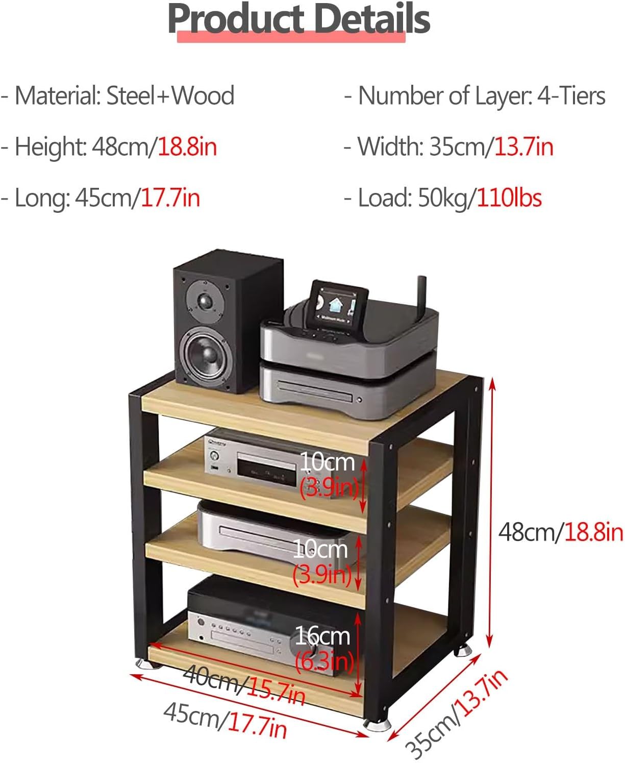 YLLFFLL 4 Layers Media Storage Cabinet - 48cm Tall Small Media Cabinet Portable Space-Saving - Stable Modern AV Stand Audio for Printer