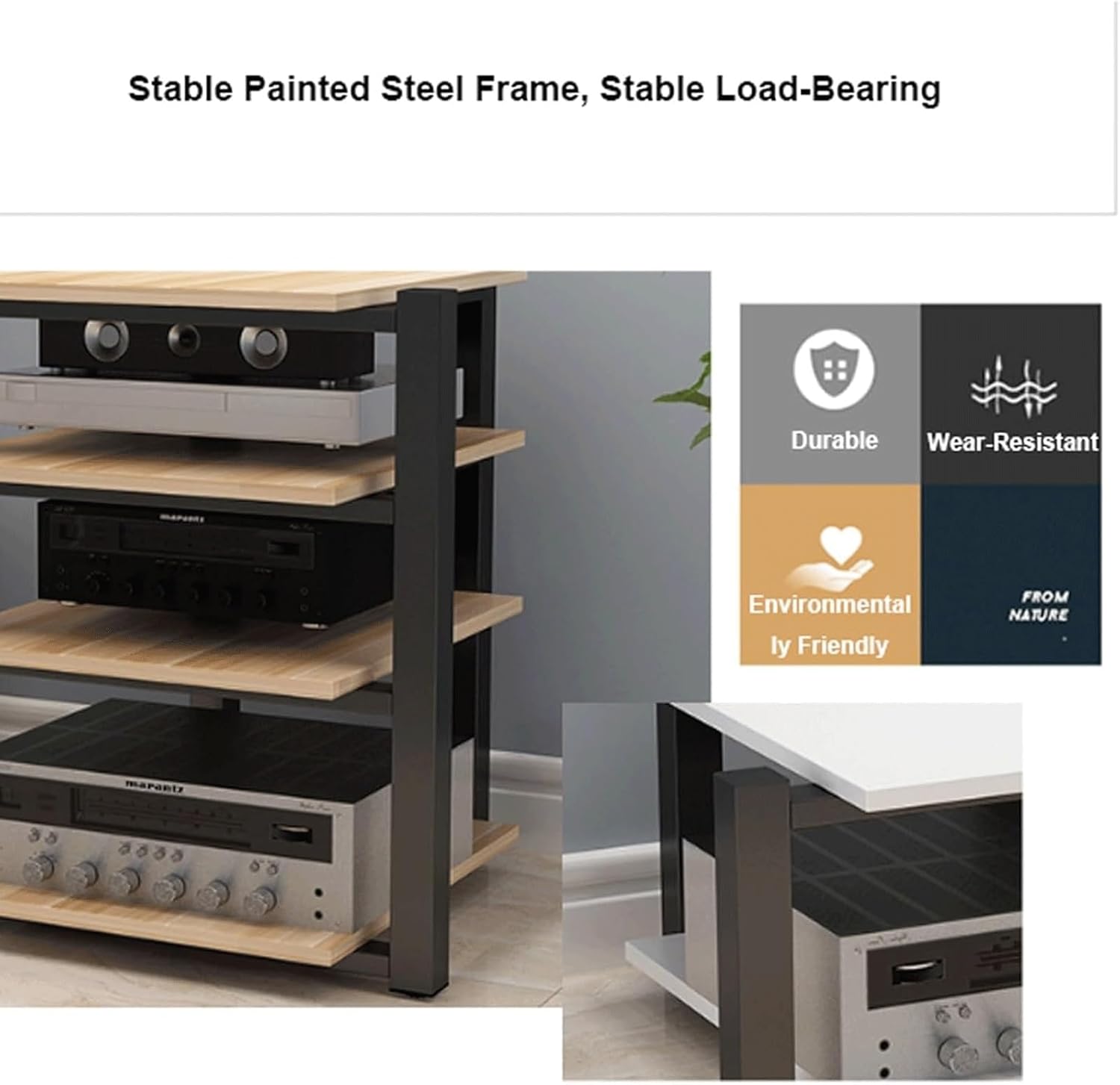 PZEOB AV Media StandThickened Plate Wooden Stand Audio-Video Shelving Stable Steel Frame Stereo Rack Open Stereo Component Cabinet(Natural