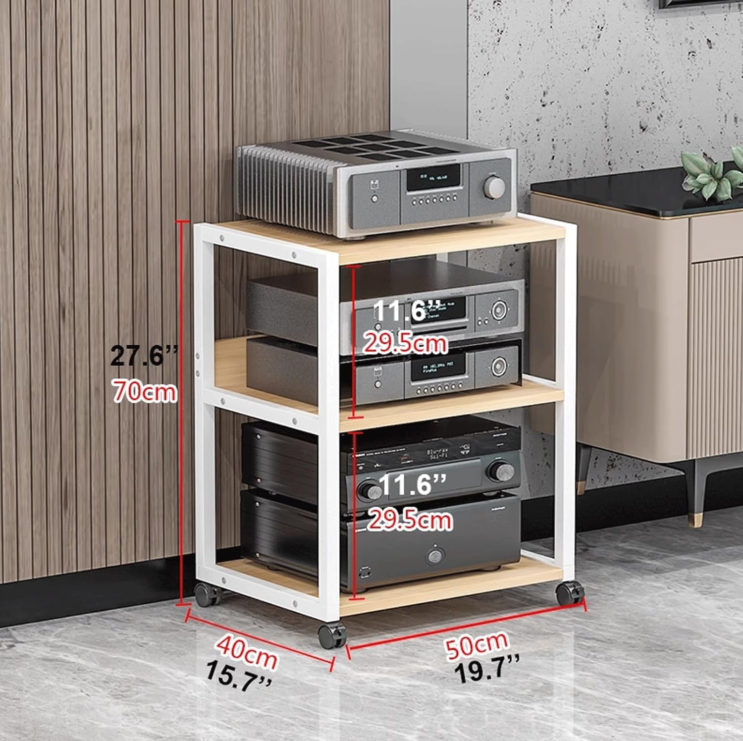 XMFBSY Medios 3/4 Tier Audio Video Media Stand with Wheels Movable HiFi Audio Rack Tower Wooden Record Player Stand Stereo Cabinet for Home Office Organizer(White