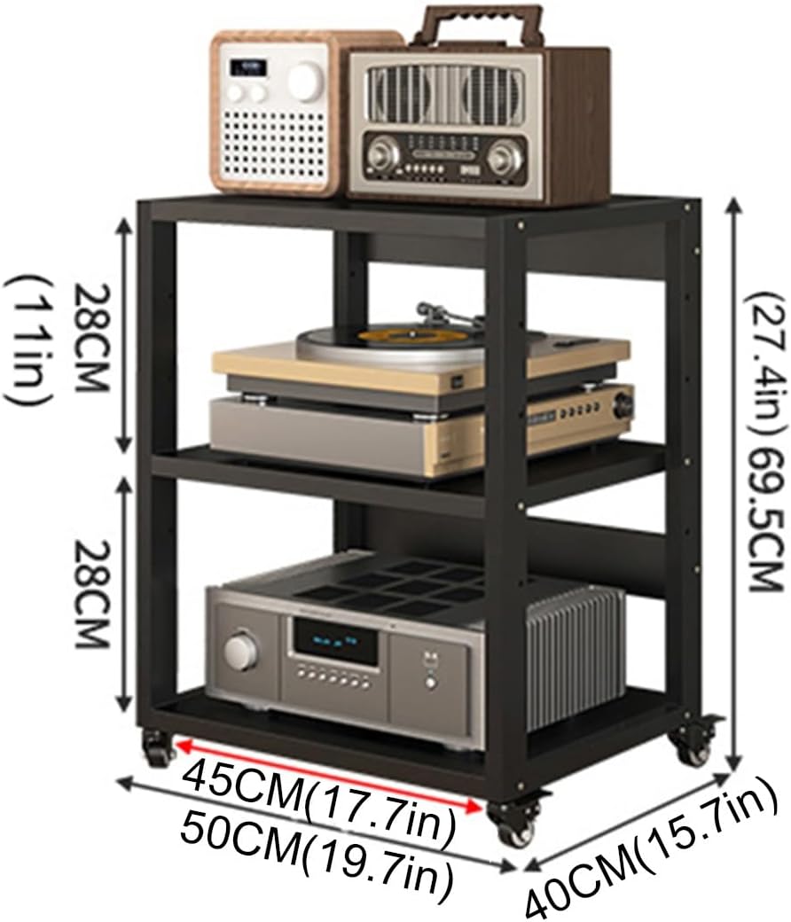 3-Tier Movable AV Component Media Cabinet Corner TV Stand CD Player Stereo Rack Audio Tower Media Stand with Height Adjustable Steel Shelf for Home/Office/Theater