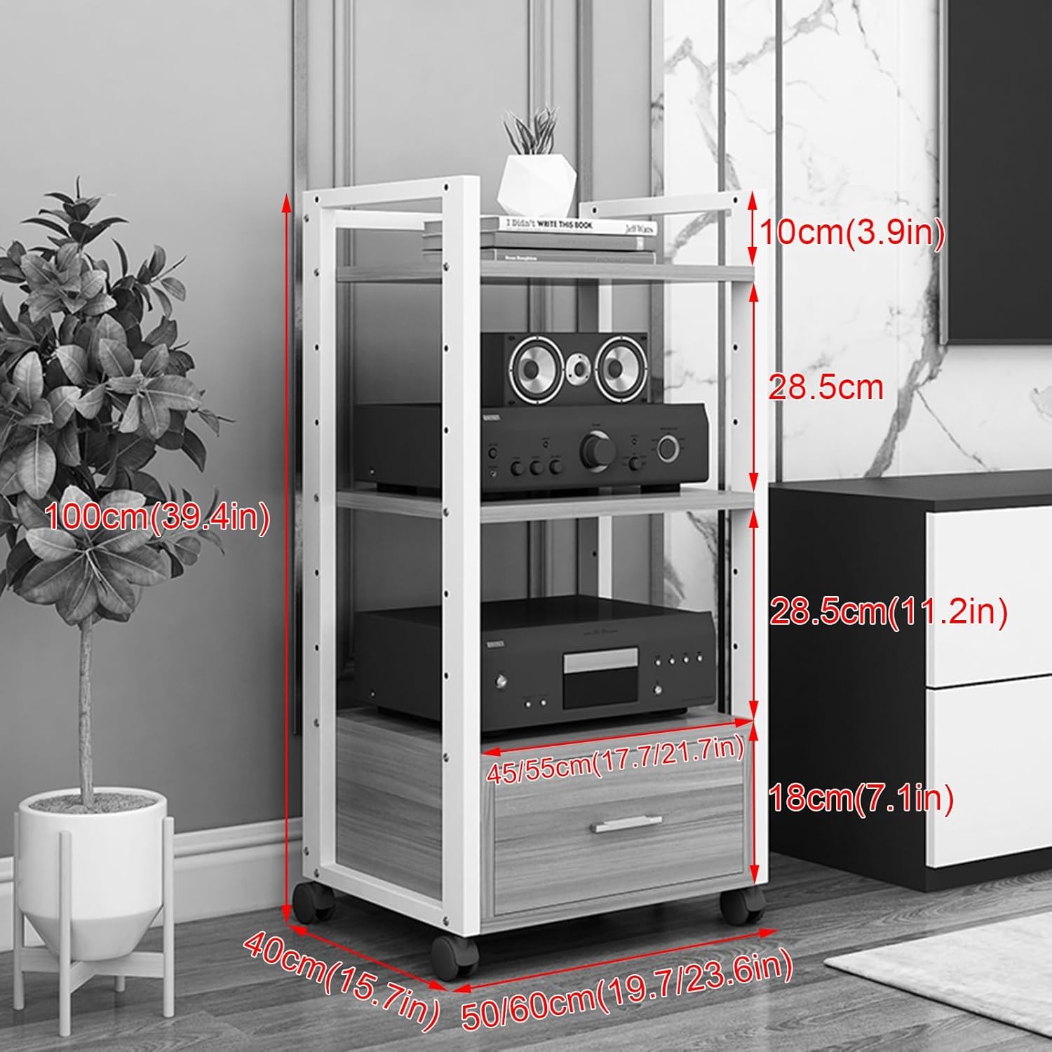 Multi-Tier Audio Rack with Drawer Amplifier Stand HiFi AV Cabinet Mobile Kickstand CD Rack Media Storage Shelf Protects and Organizes Your Valuable Music