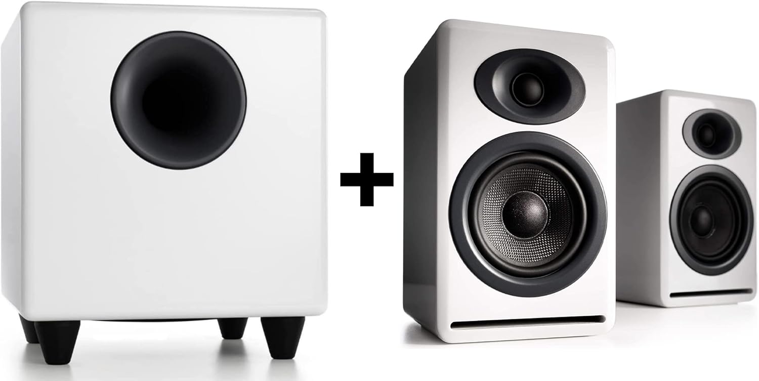 Audioengine P4 White Passive Bookshelf Speakers and S8 White Subwoofer