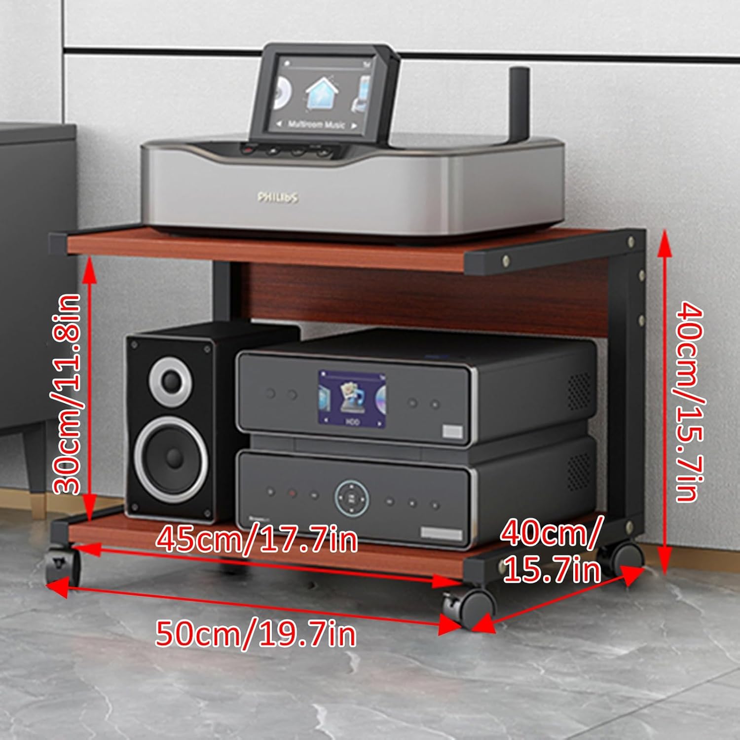 Modern Audio-Video Media Stand with Wheels - 2-Tier Corner Shelf & Adjustable Wooden Shelves