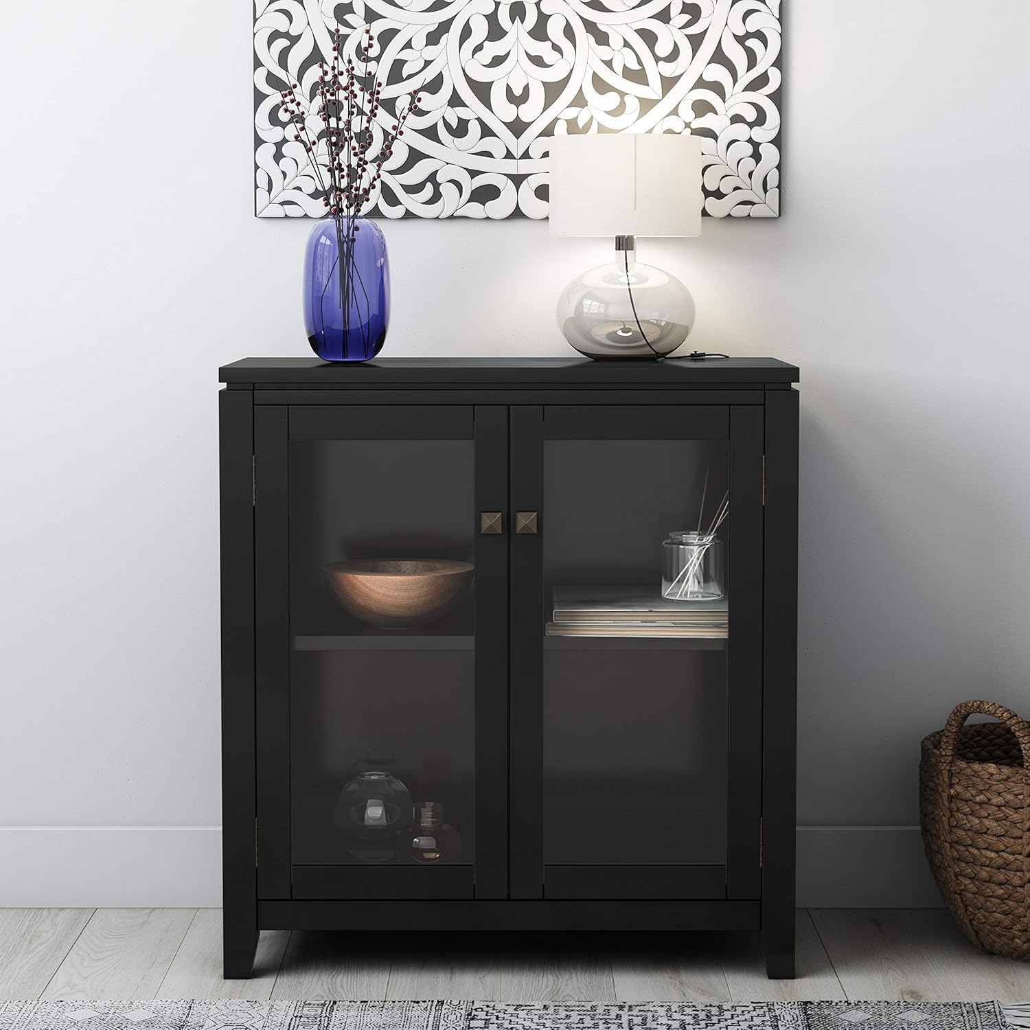 SIMPLIHOME Cosmopolitan Storage Cabinet - 30 inch Wide Solid Wood Low Cabinet in Black