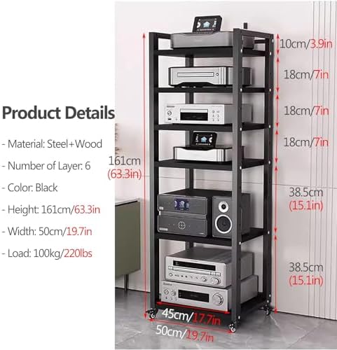 UYCVT Extra Tall Mobile Av Cart with Wheels - 5-Tier Stereo Rack for Home/Office Freestanding Media Stand for Audio/Video Equipment-Black-b-6 Shelf