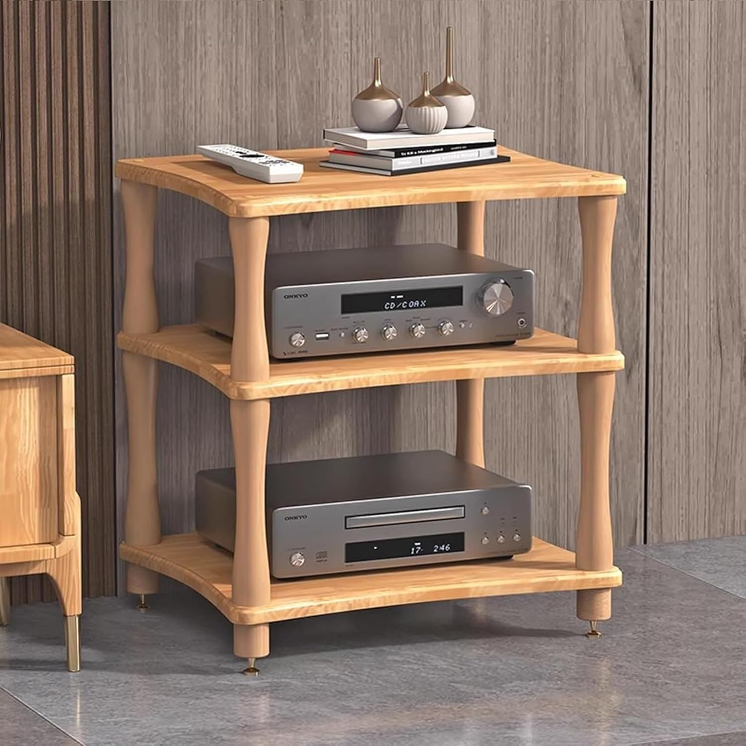 HOFSSI 3 -Tier AV Component Media Stand Audio/Video Component Cabinet Open Multi-Function Storage Shelves with Wooden Shelf for TV