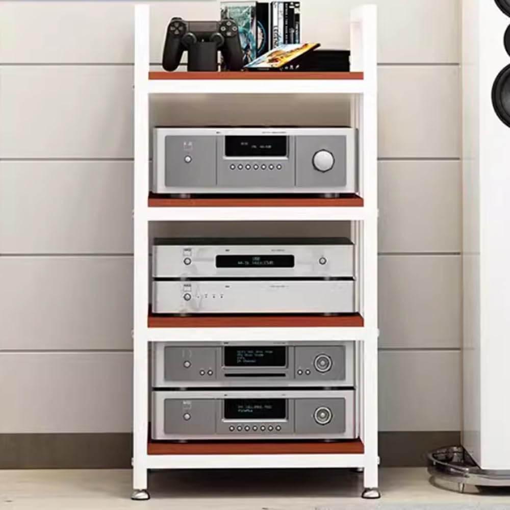 NILZA 4 Tier Media Stand CD Player Stand Audio Rack Av Stand Tower Power Amplifier Equipment Cabinet Floor-Standing Retro Storage Shelves with Height Adjustable Wooden Shelf(White+Teak)