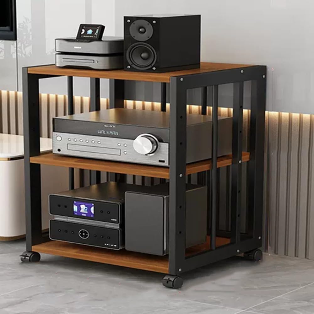 NILZA White Audio Rack Movable Corner AV Cabinet DVD Player Stand Amplifier Rack Video Media Stand Cabinet 2/3/4/5 Tier AV Media Stand with Adjustable Shelves(Black+Oak