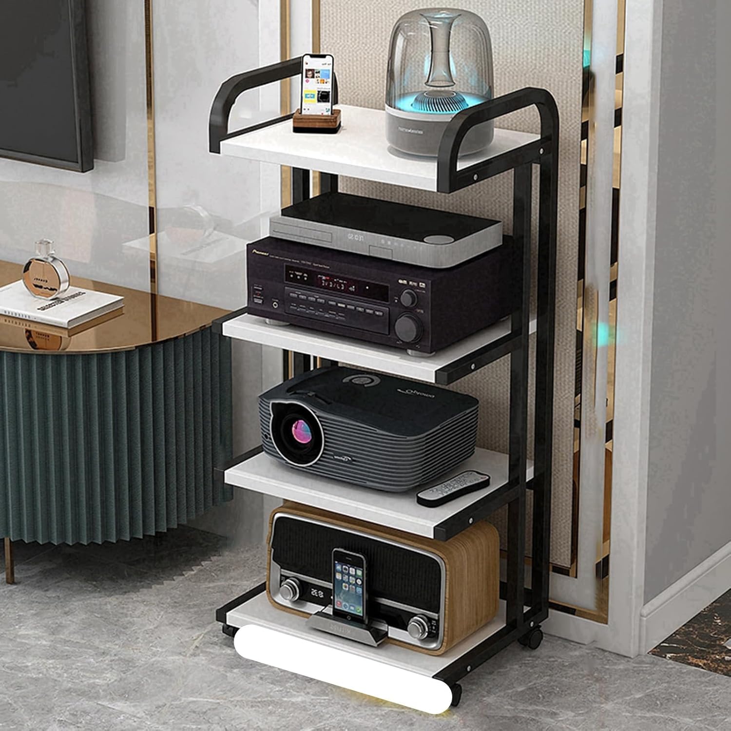 Audio Rack Movable Corner Storage Shelf with Wheels 3/4 Tier Floor Standing Audio Rack with Universal Wheels Entertainment Stereo Stand Media Tower for Living Gaming Recording Room.(White