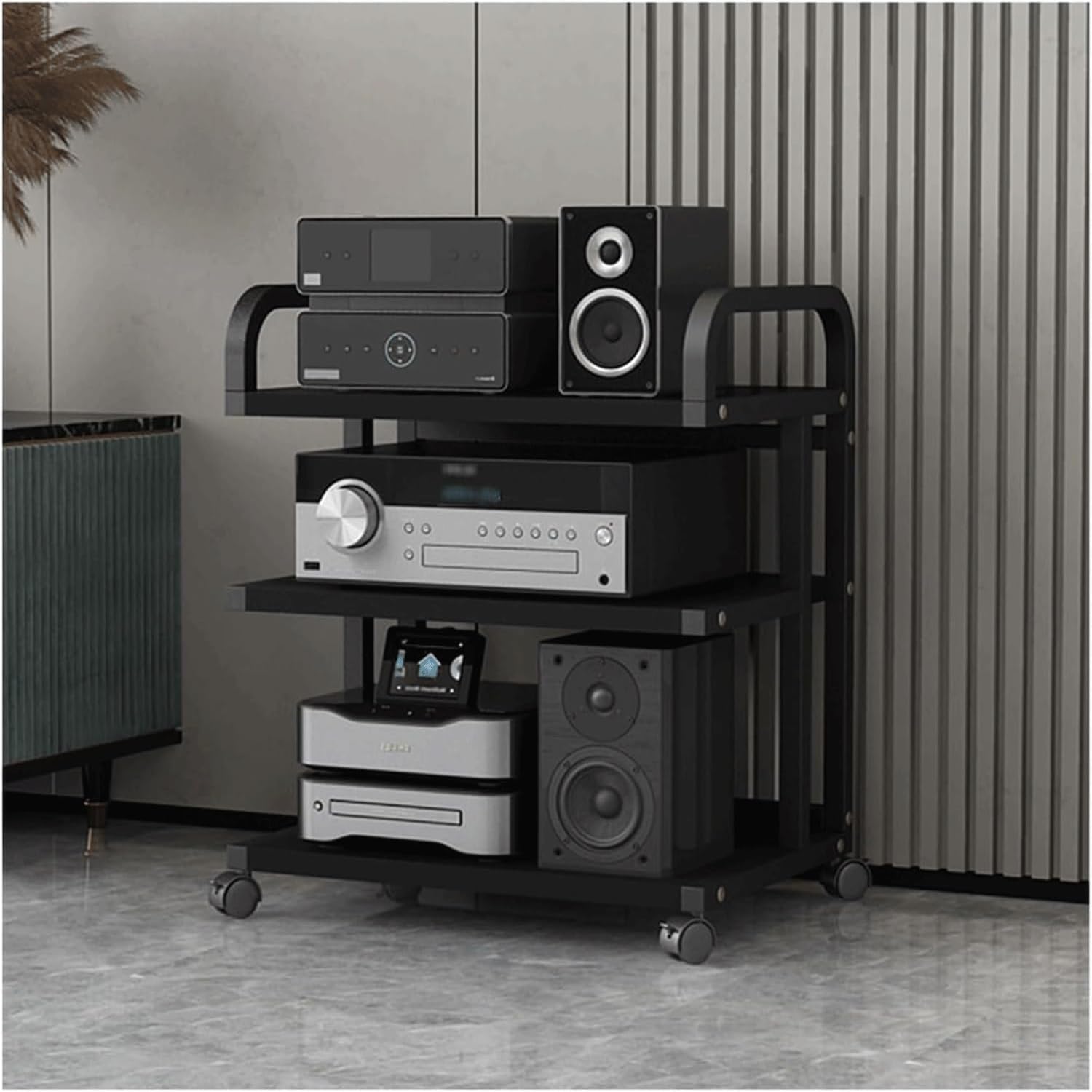 PZEOB AV Media Stand Carbon Steel + E1 Grade Plate Audio Rack Stand with Wheels Stereo Component Stand Audio-Video Shelving Stereo Rack(Black
