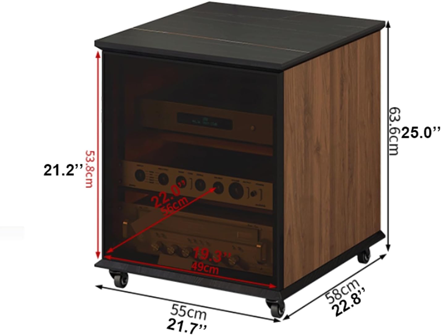 XMFBSY Medios Media Storage Cabinet with Glass Door Stereo Cabinet with Adjustable Shelves & Wheels Rock Slab Top Audio-Video Rack Stand for Theater Organizer(Walnut
