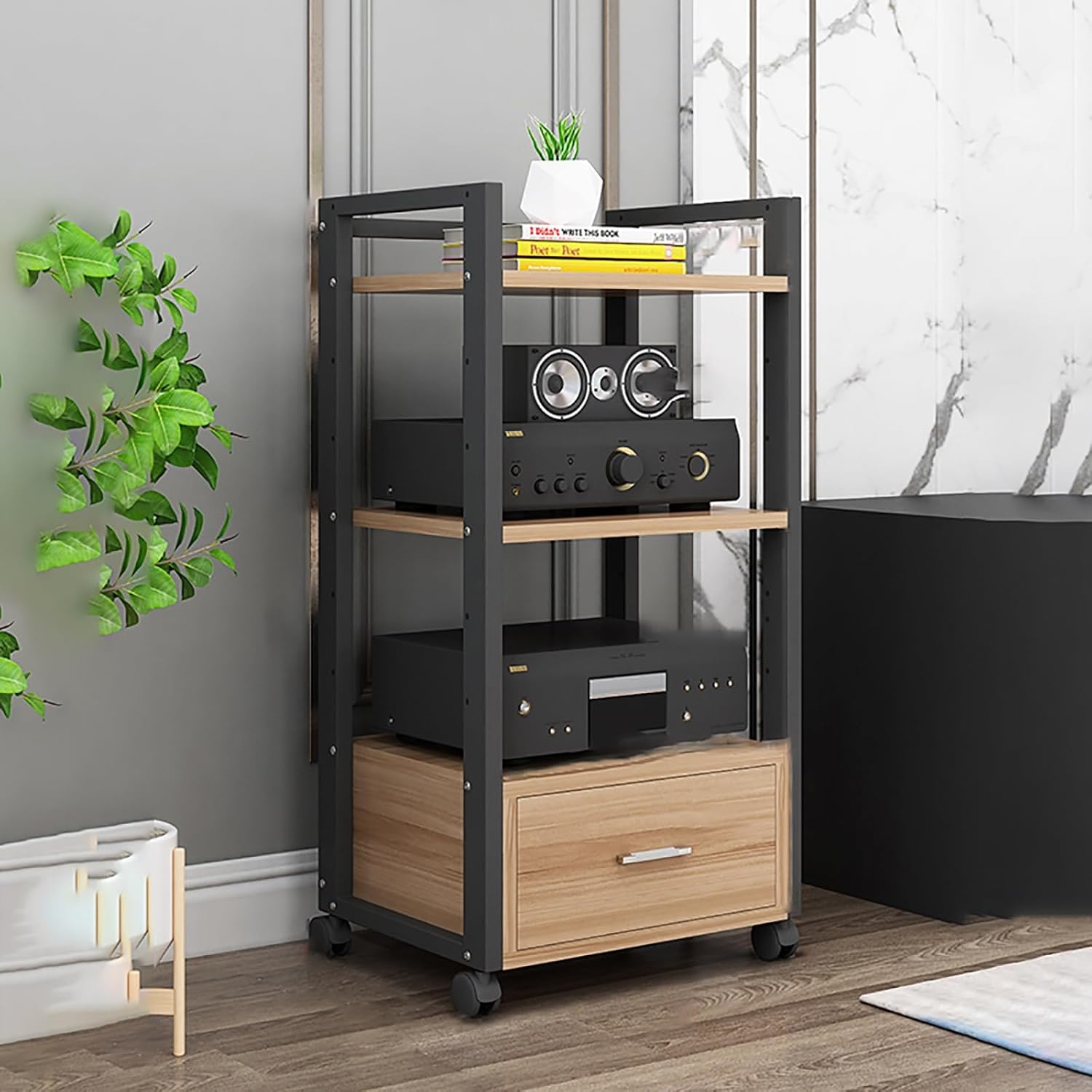3/4/5 Tier Floor-Standing Audio Rack Media Stand with Universal Wheels Stereo Rack with Drawer Movable Corner Audio Rack AV Media Stand Corner Shelf for Meeting Living Recording Room.(Black