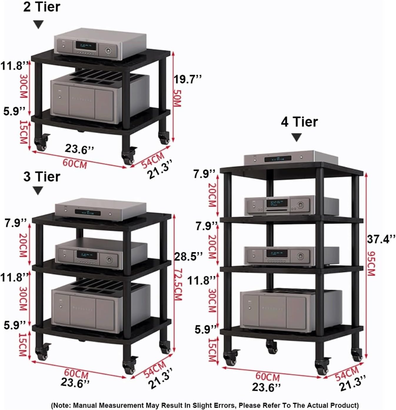 PZEOB AV Media Player Stand Media Stand with Wheels 2/3/4Tier Audio Rack Tower