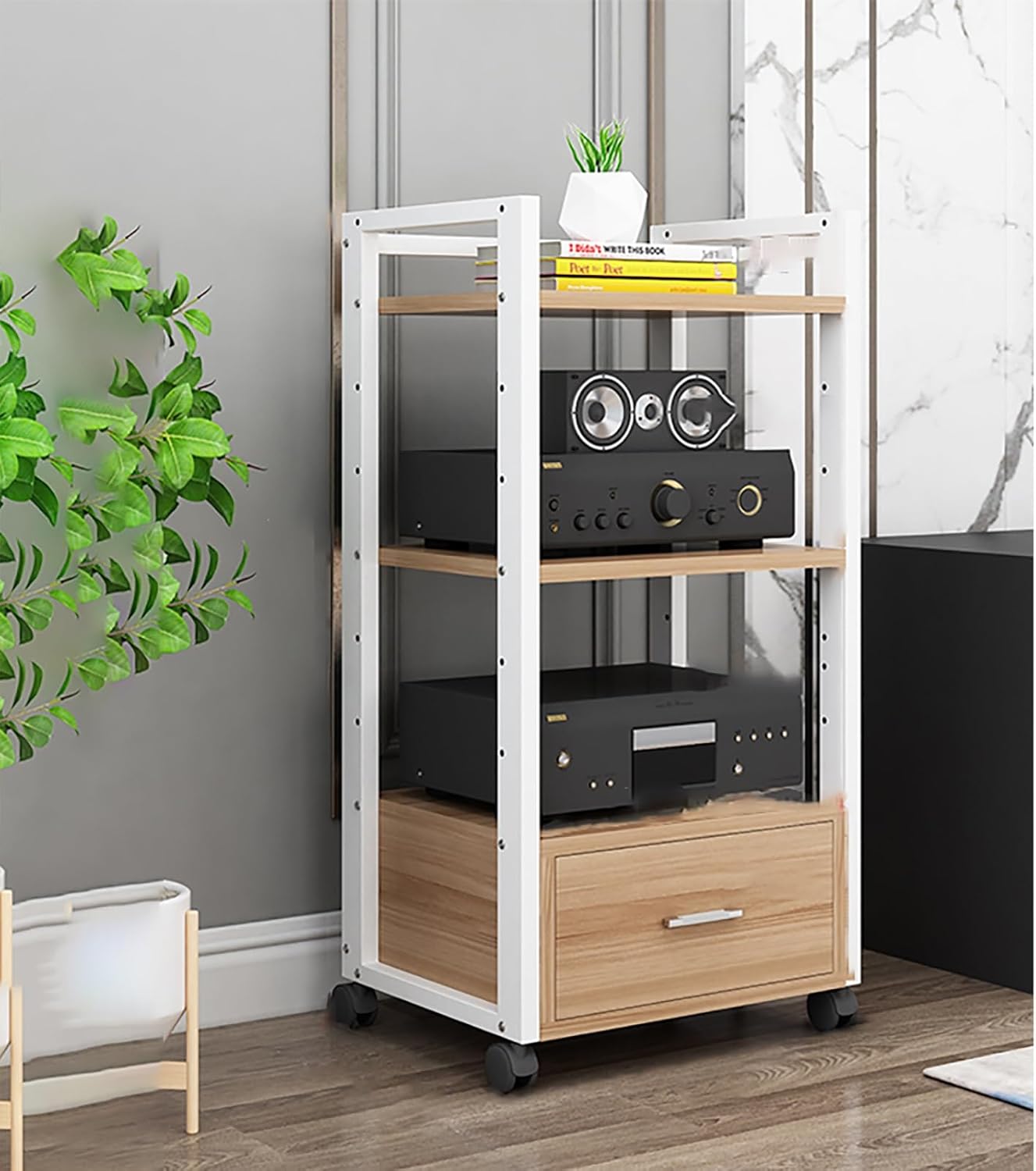 3/4/5 Tier Floor-Standing Audio Rack Media Stand with Universal Wheels Stereo Rack with Drawer Movable Corner Audio Rack AV Media Stand Corner Shelf for Meeting Living Recording Room.(White