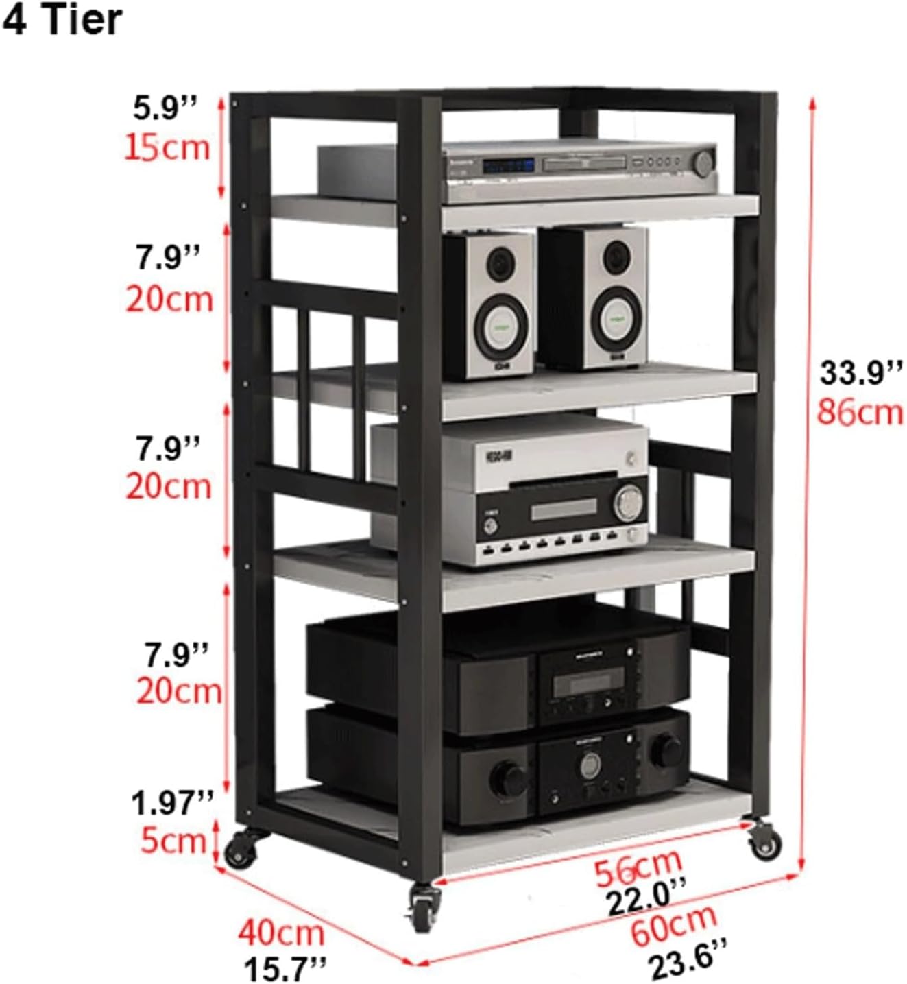 PZEOB Audio Tower Rack 4 Tier Audio-Video Shelving AV Media Stand with Wheels Modern Audio/Video Rack Stereo Stands for CD Record Player(Rojo)