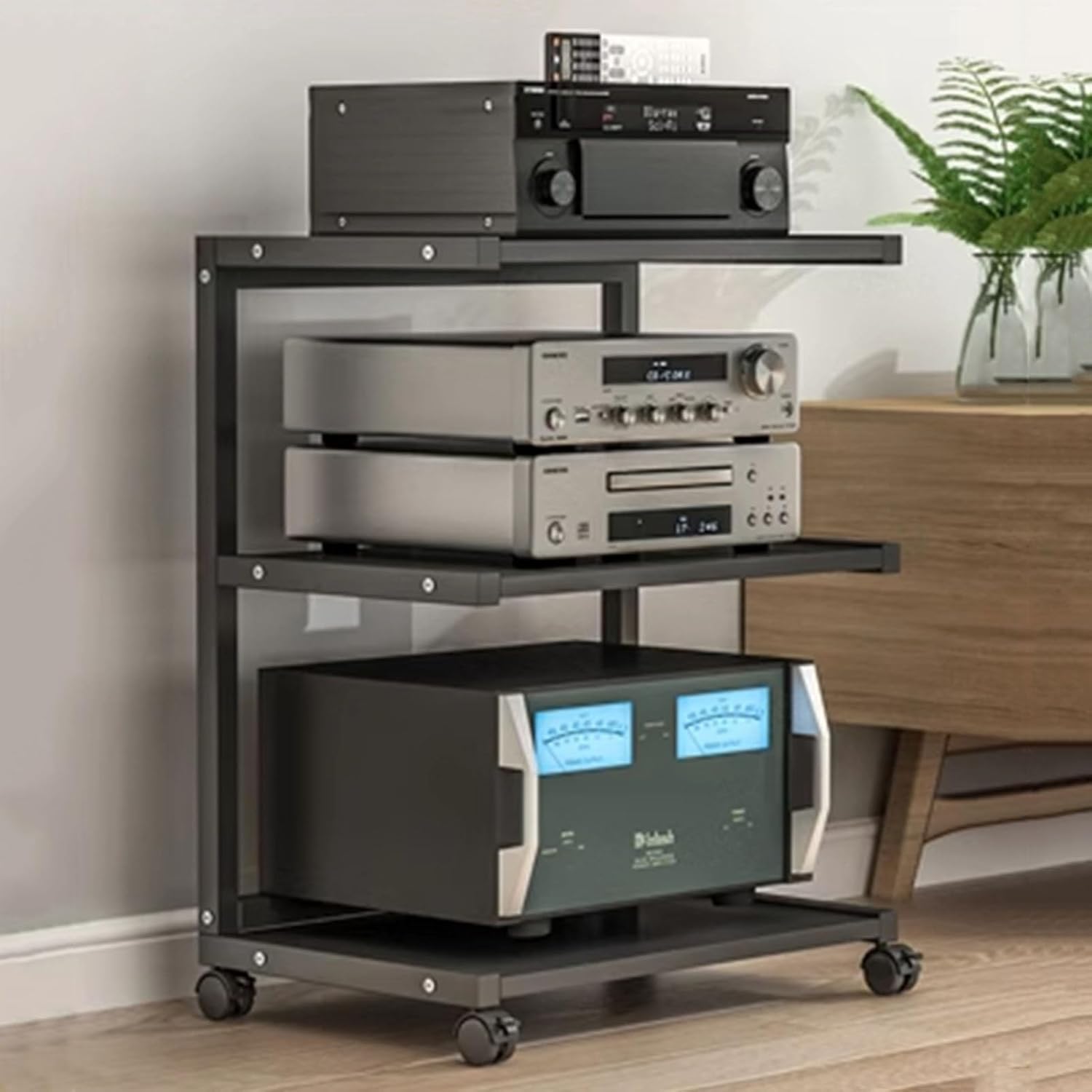UYCVT Movable Media Stand Movable Av Media Stand Cd Player Stand Audio Tower Multi-Functional Storage Rack with 3 Tier Wooden Shelf