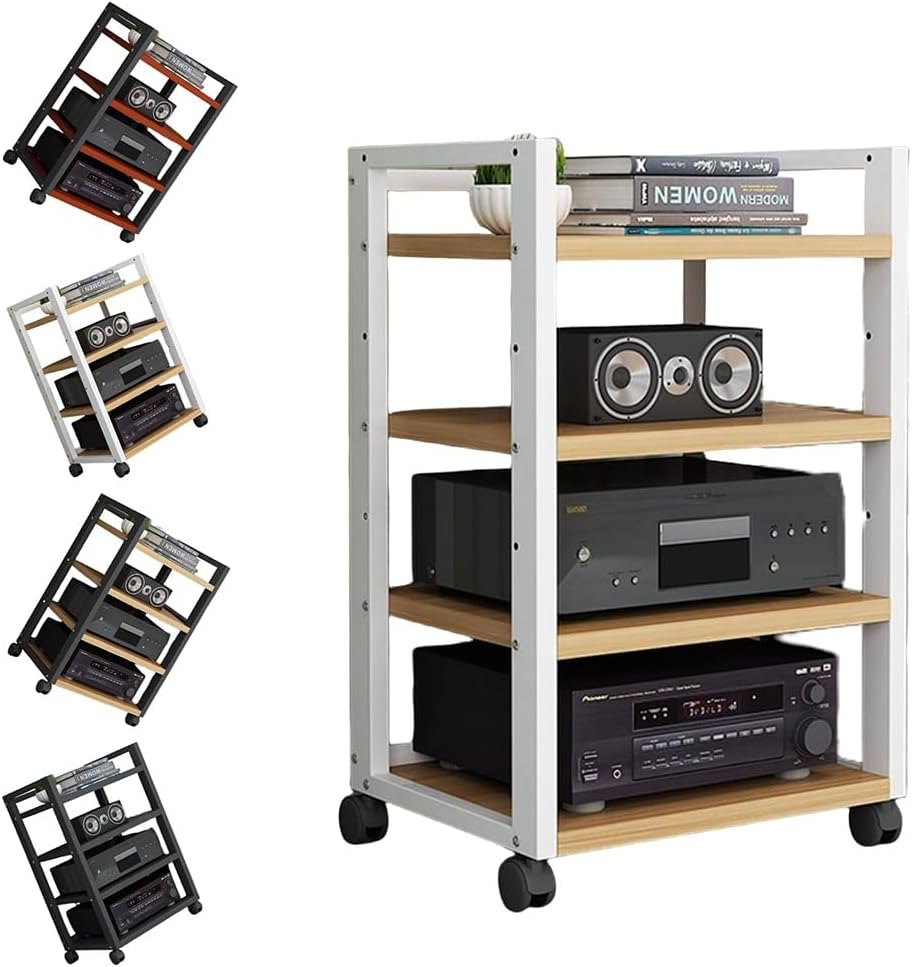 KGPGNYMYHA 4 Tier Stereo Rack AV Media Stand Movable AV Cabinet Office Stereo Component Cabinet Media Shelf Open Corner Media Center For Theater Recording Room(White)