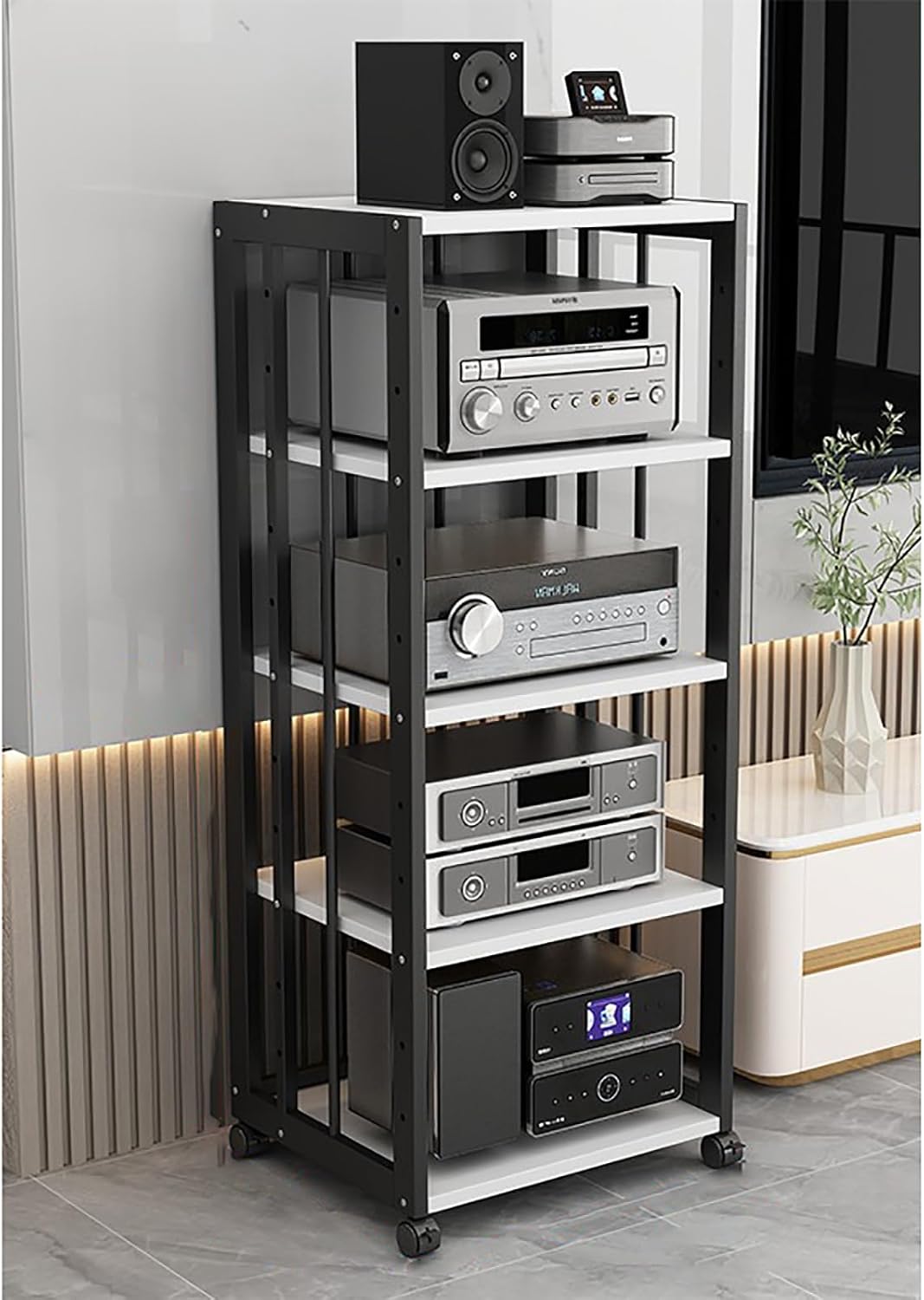 Media Stand Audio Rack Tower Sturdy Audio Rack Stand Tower with Height Shelves Floor-Standing Audio Rack with Universal Wheels Easy to Assemble for Meeting Living Gaming Recording Room.(White