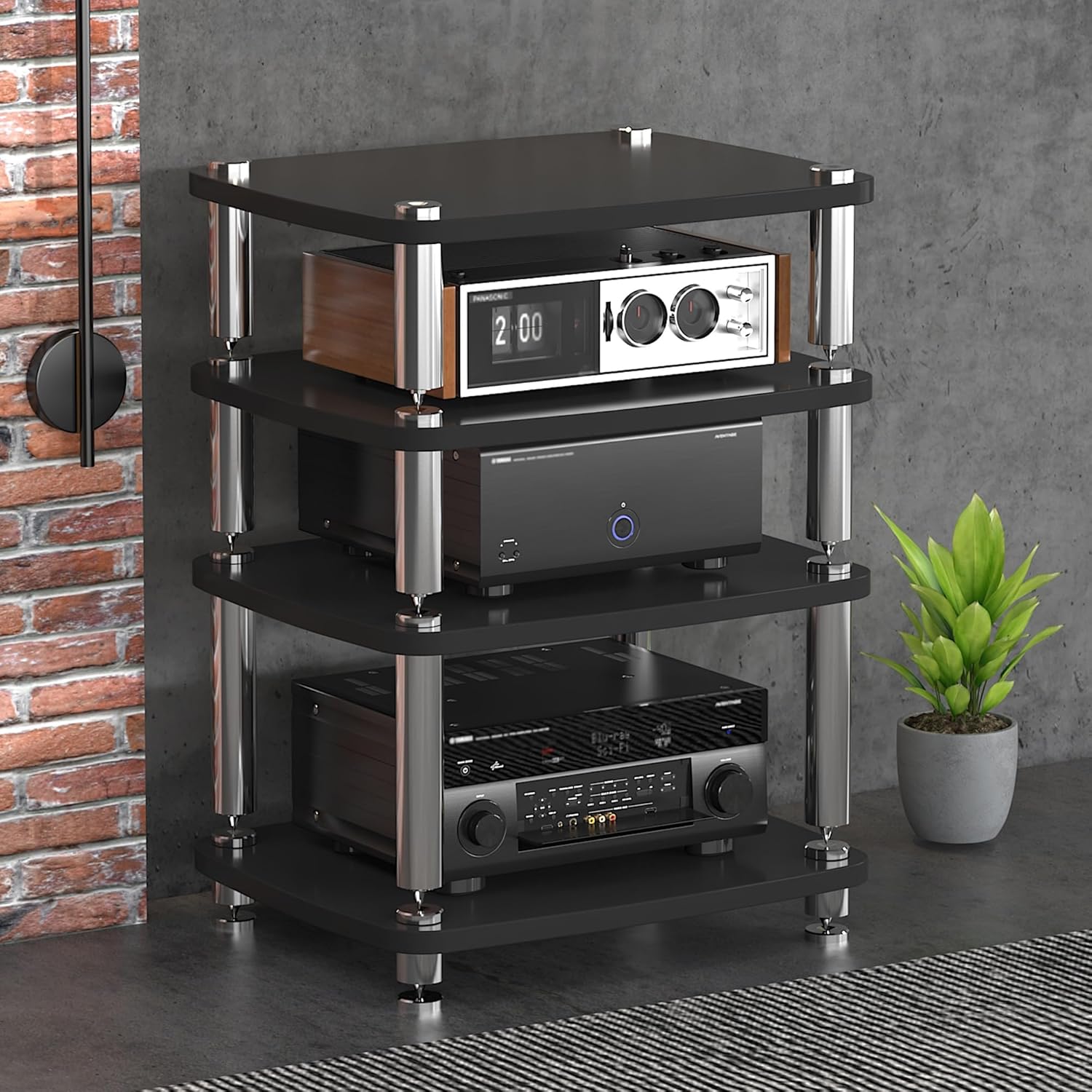 1/2/3/4 Tier AV Media Shelf Record Player Corner TV Stand Audio Rack Stereo Cabinet Split Shock Absorber Design for Entertainment Center Living Room Game Room Music Studio(Black